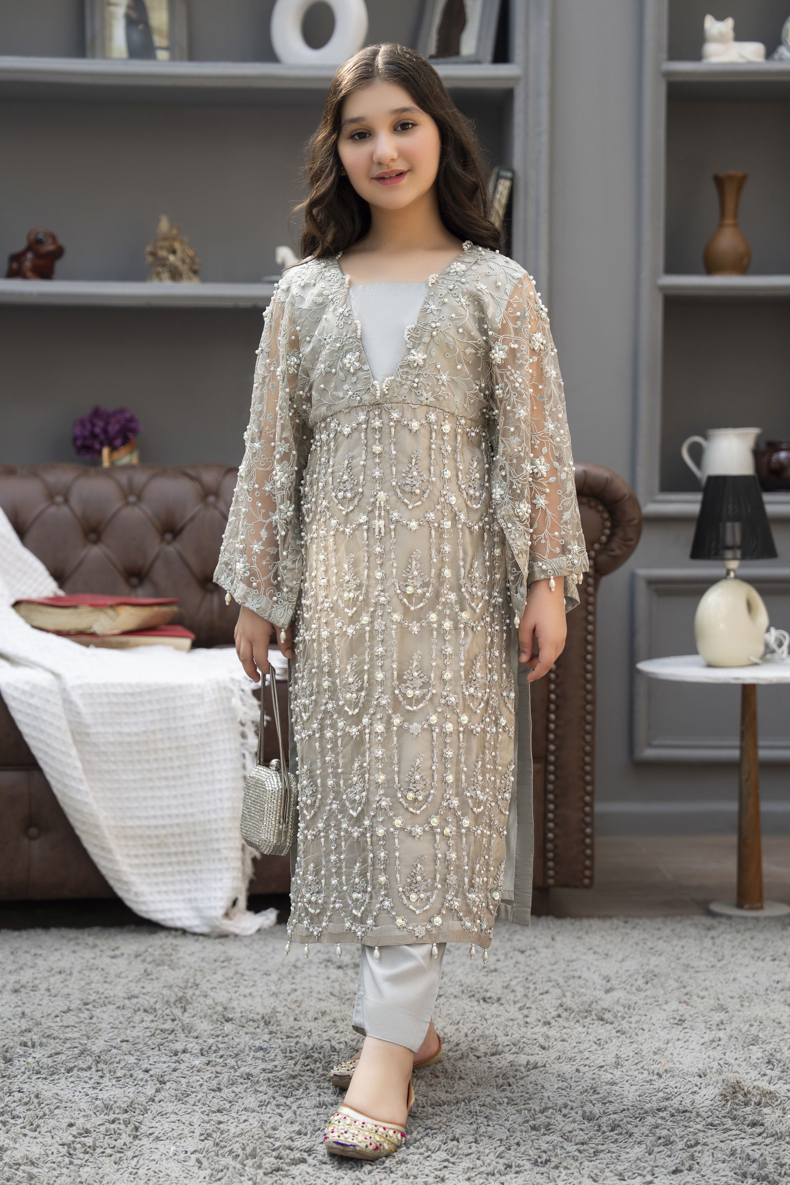 Starstruck by Ain – Silver Net Embroidered 2pc Dress with Shimmer Inner SBA7