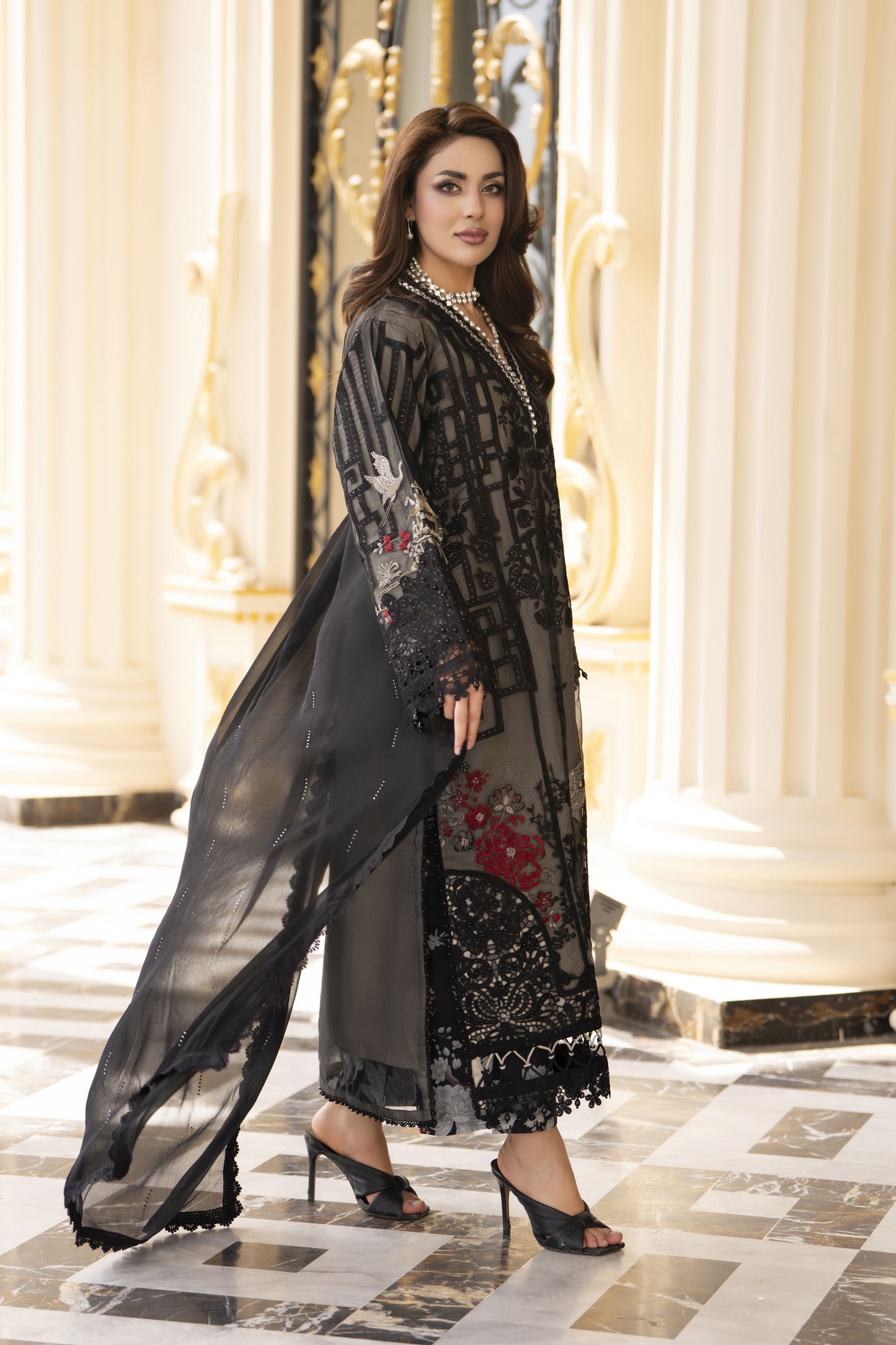 Arwah Aureen AA7 3pc Black Embroidered Suit with Chiffon Diamante Dupatta