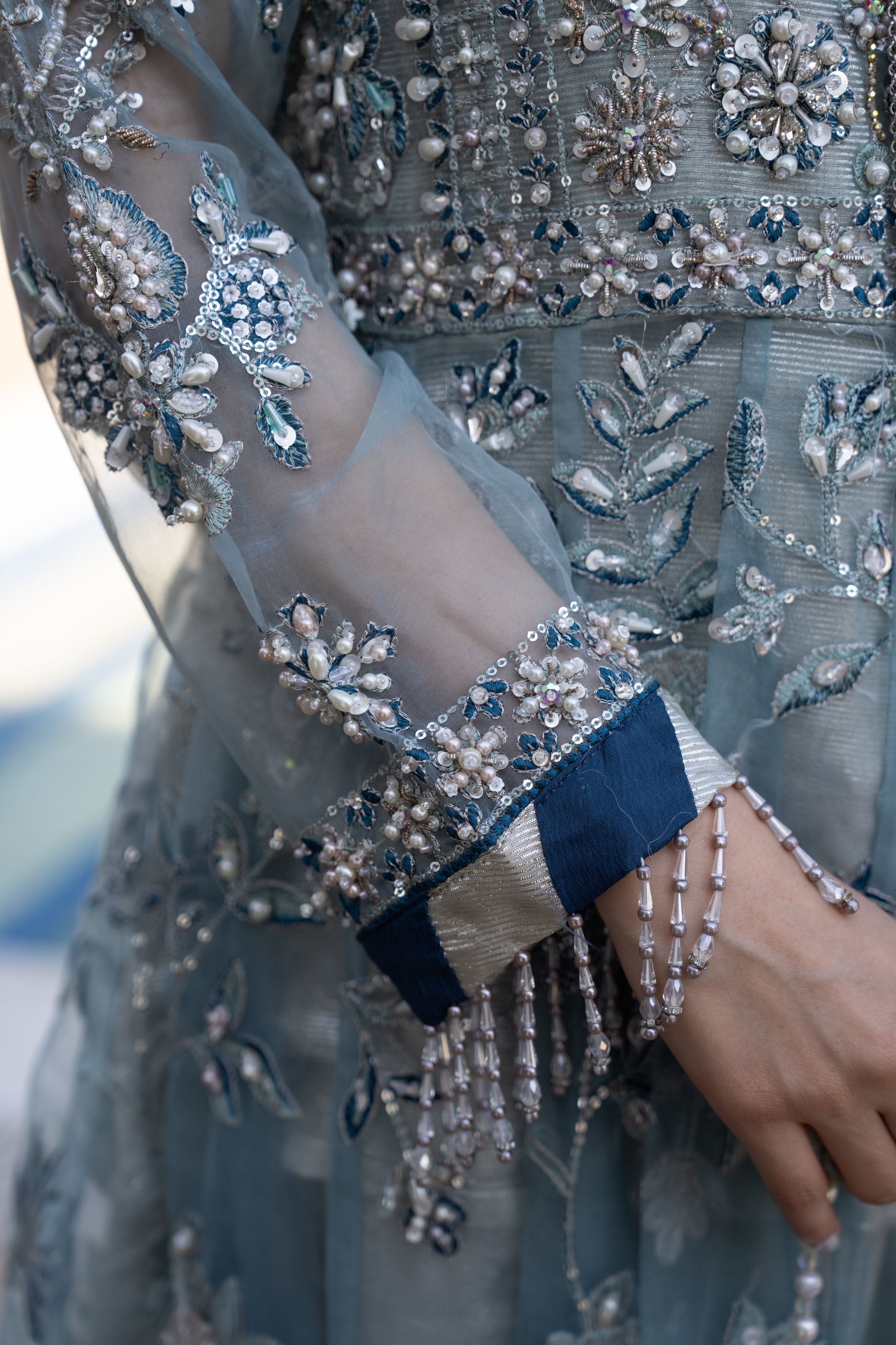Zaiwaraat by Arwah – Blue Embroidered Organza Frock with Zarri Lehenga – ZWR13