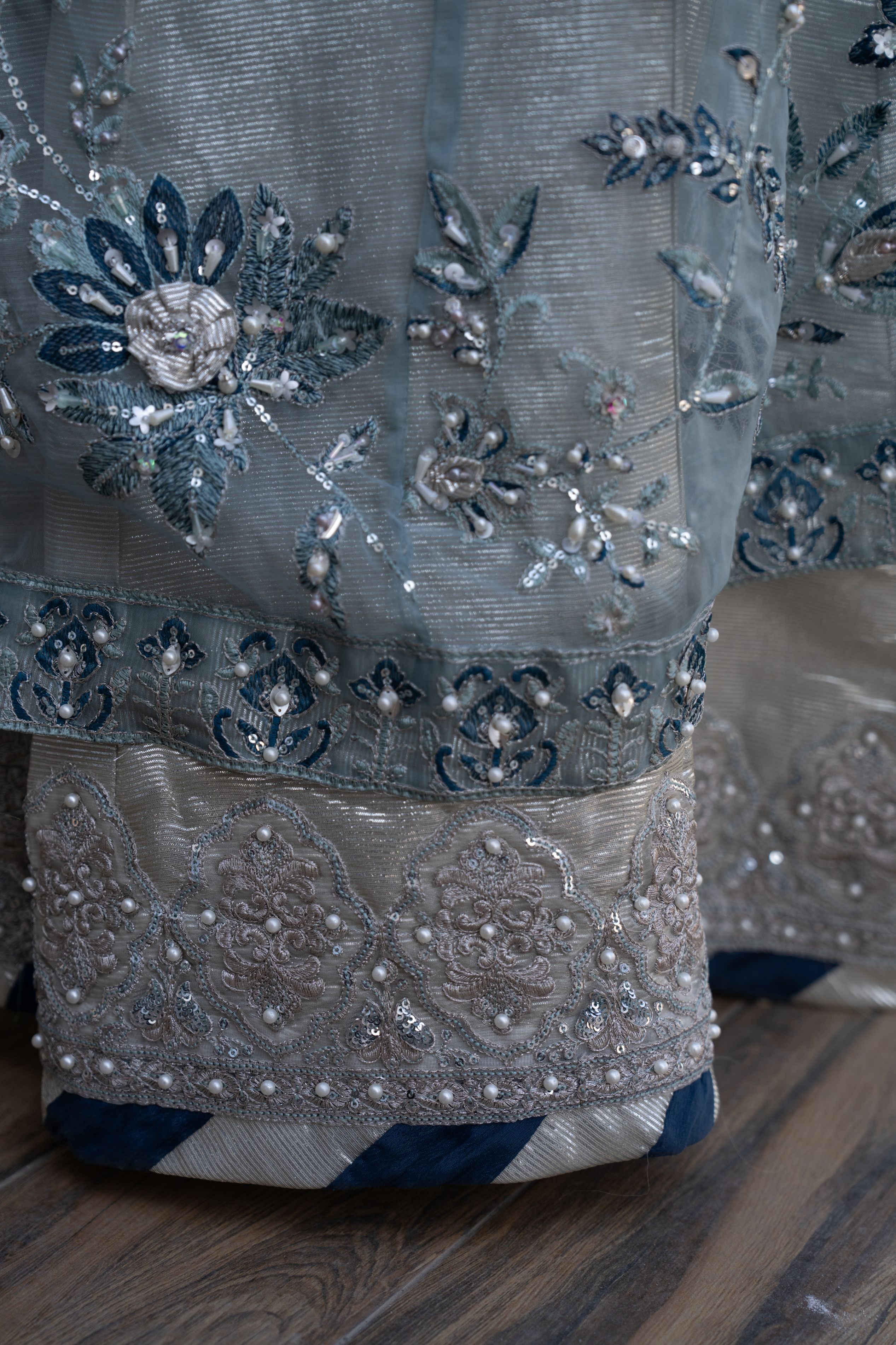 Zaiwaraat by Arwah – Blue Embroidered Organza Frock with Zarri Lehenga – ZWR13