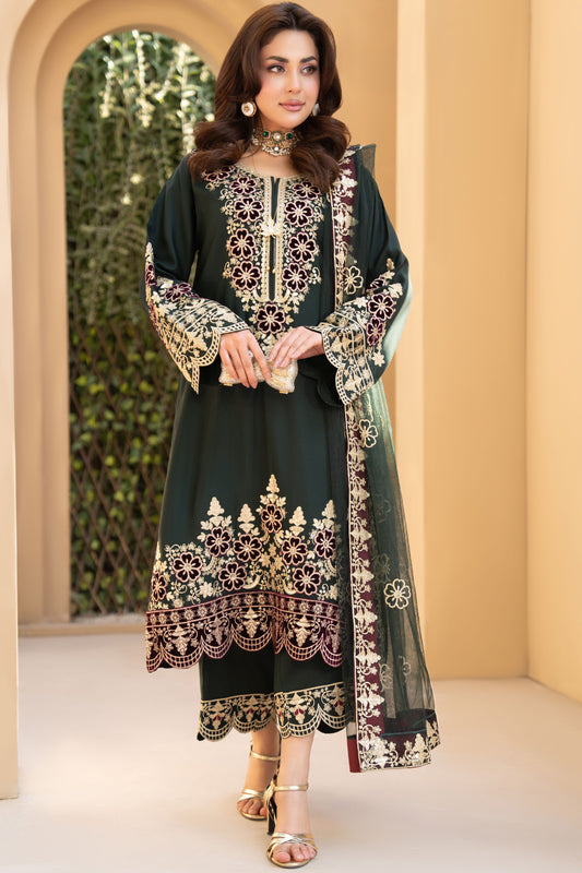 ZZ10 Zimal Zephira Emerald Velvet Embroidered 3pc Suit