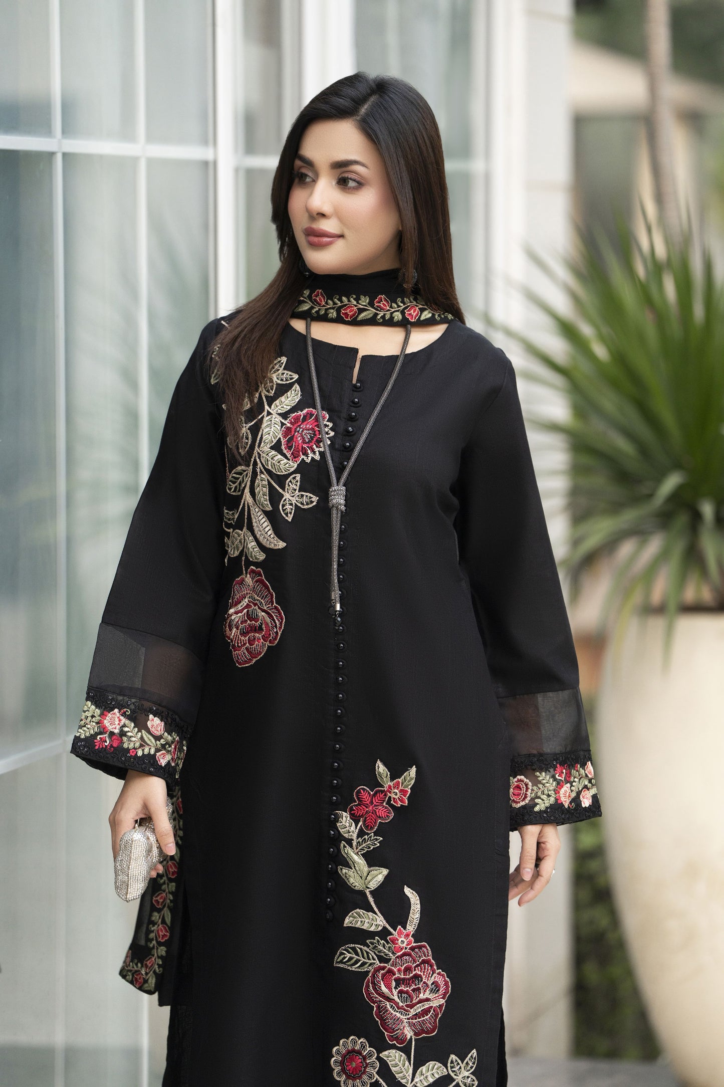 Zaiwa 3pc Khaddar Embroidered Long Shirt Suit with Chiffon Dupatta ZWL15