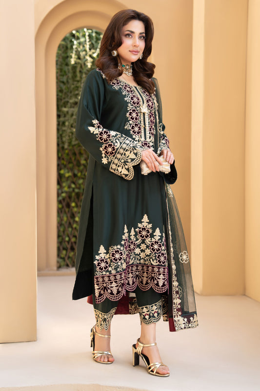 ZZ10 Zimal Zephira Emerald Velvet Embroidered 3pc Suit