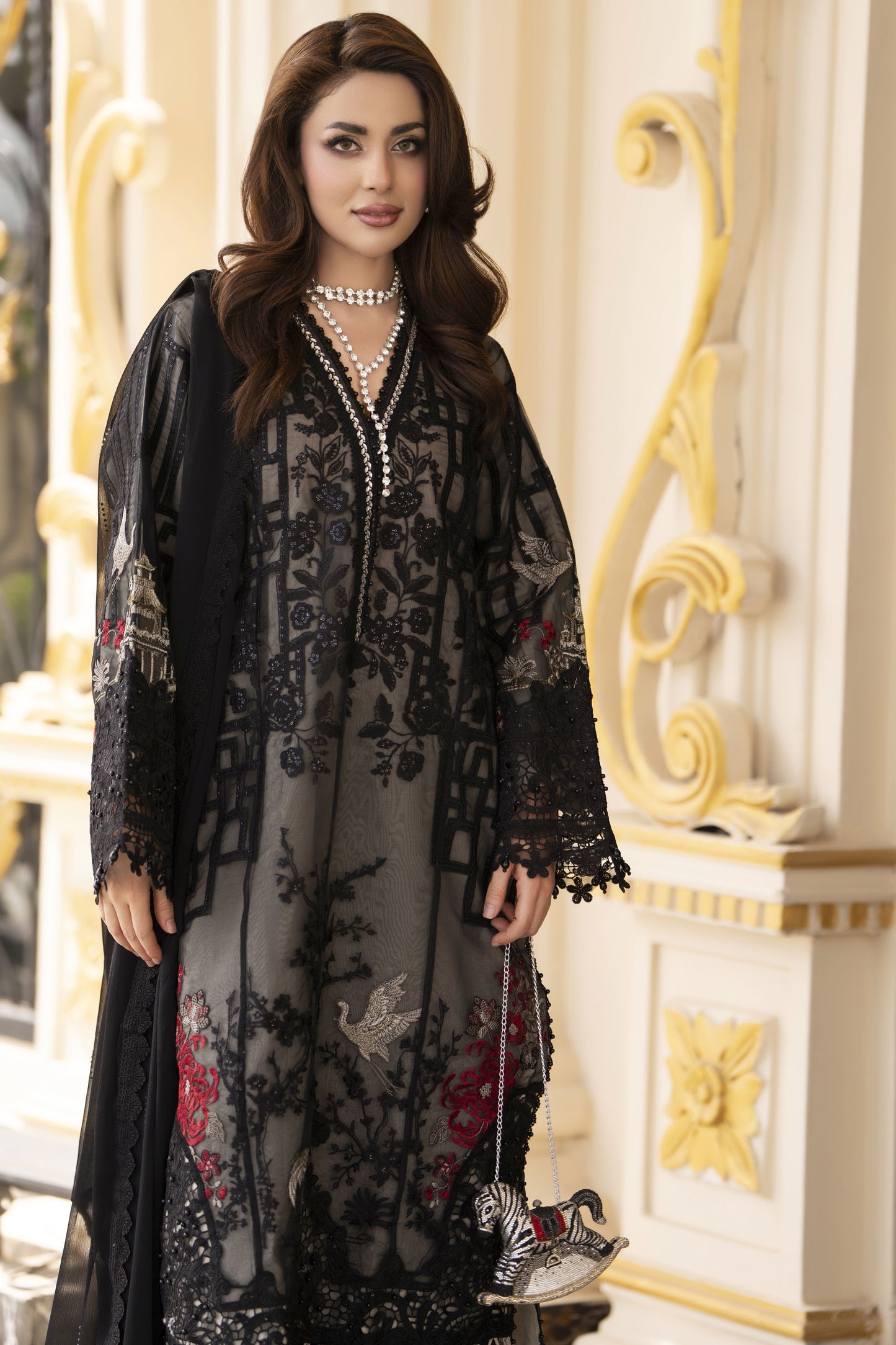 Arwah Aureen AA7 3pc Black Embroidered Suit with Chiffon Diamante Dupatta