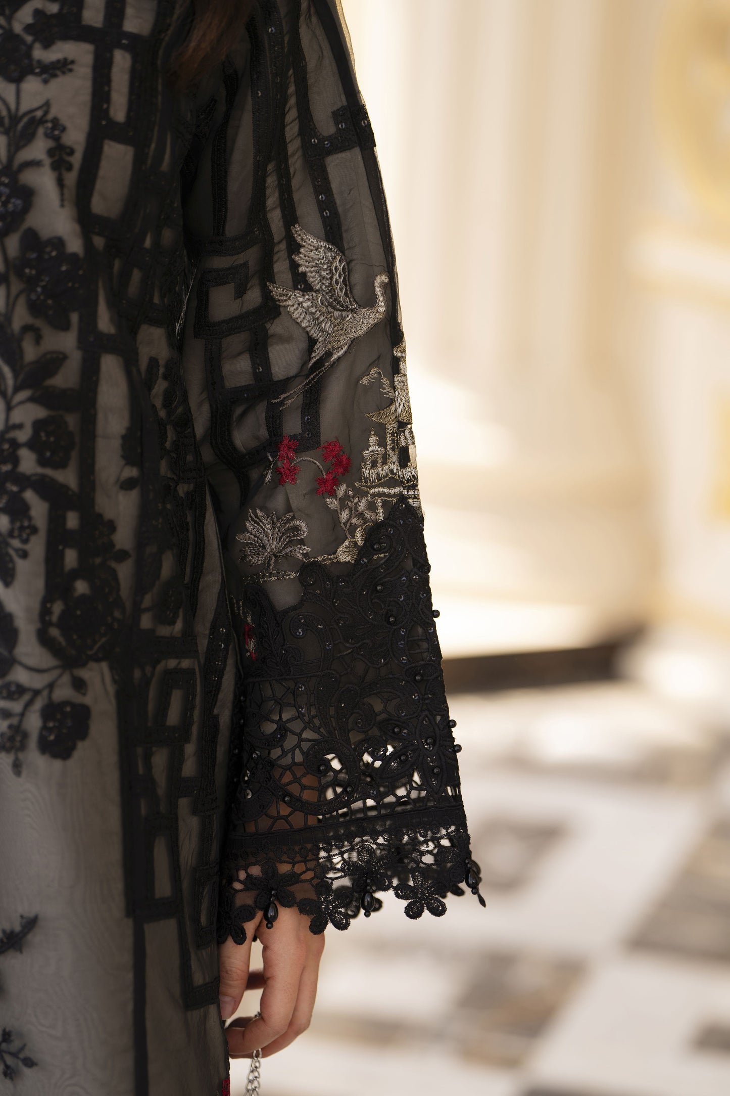 Arwah Aureen AA7 3pc Black Embroidered Suit with Chiffon Diamante Dupatta