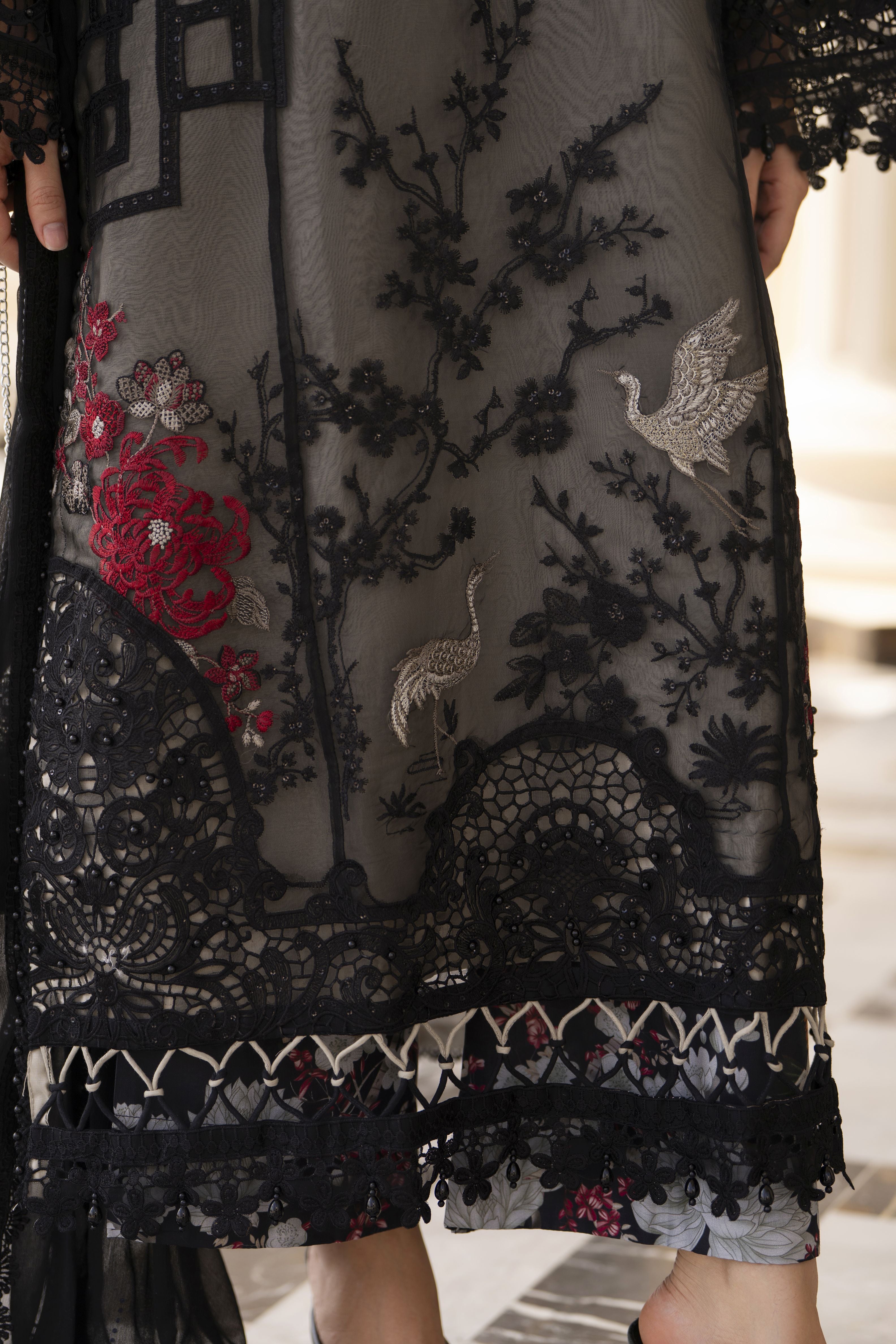 Arwah Aureen AA7 3pc Black Embroidered Suit with Chiffon Diamante Dupatta