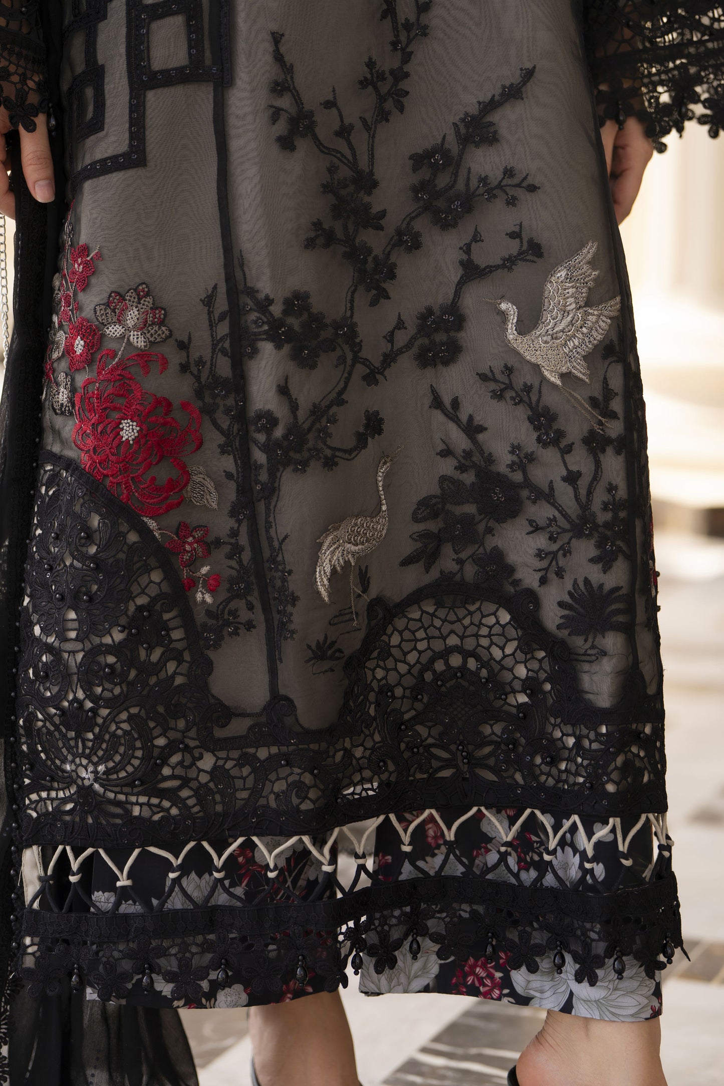 Arwah Aureen AA7 3pc Black Embroidered Suit with Chiffon Diamante Dupatta