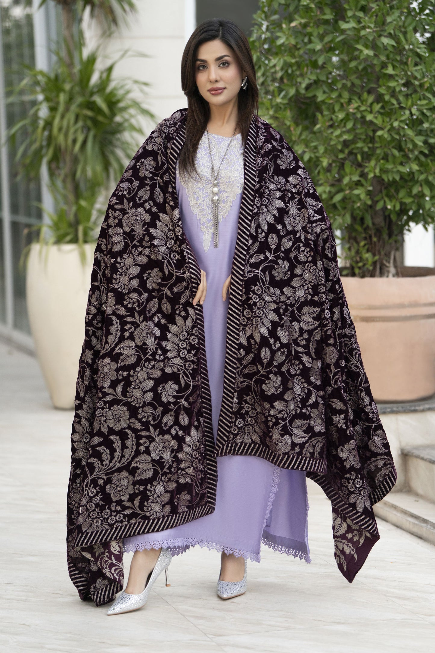 Luxury Embroidered Velvet Shawl for Women – Plum VS8