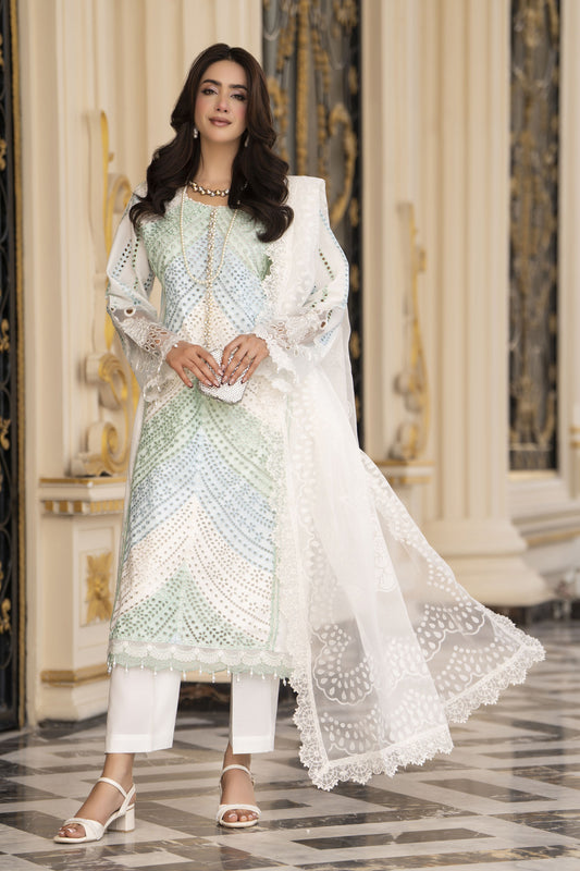 Arwah Aureen AA4 3pc White Embroidered Cotton Suit with Organza Dupatta