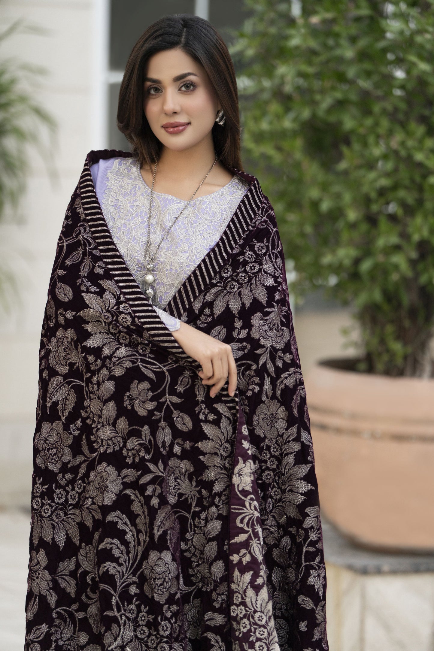 Luxury Embroidered Velvet Shawl for Women – Plum VS8