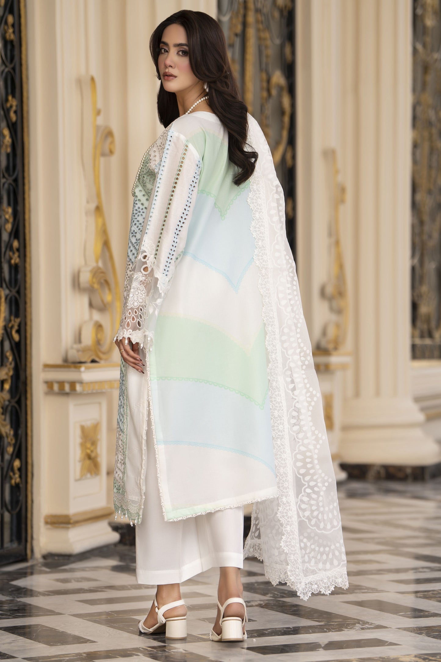 Arwah Aureen AA4 3pc White Embroidered Cotton Suit with Organza Dupatta