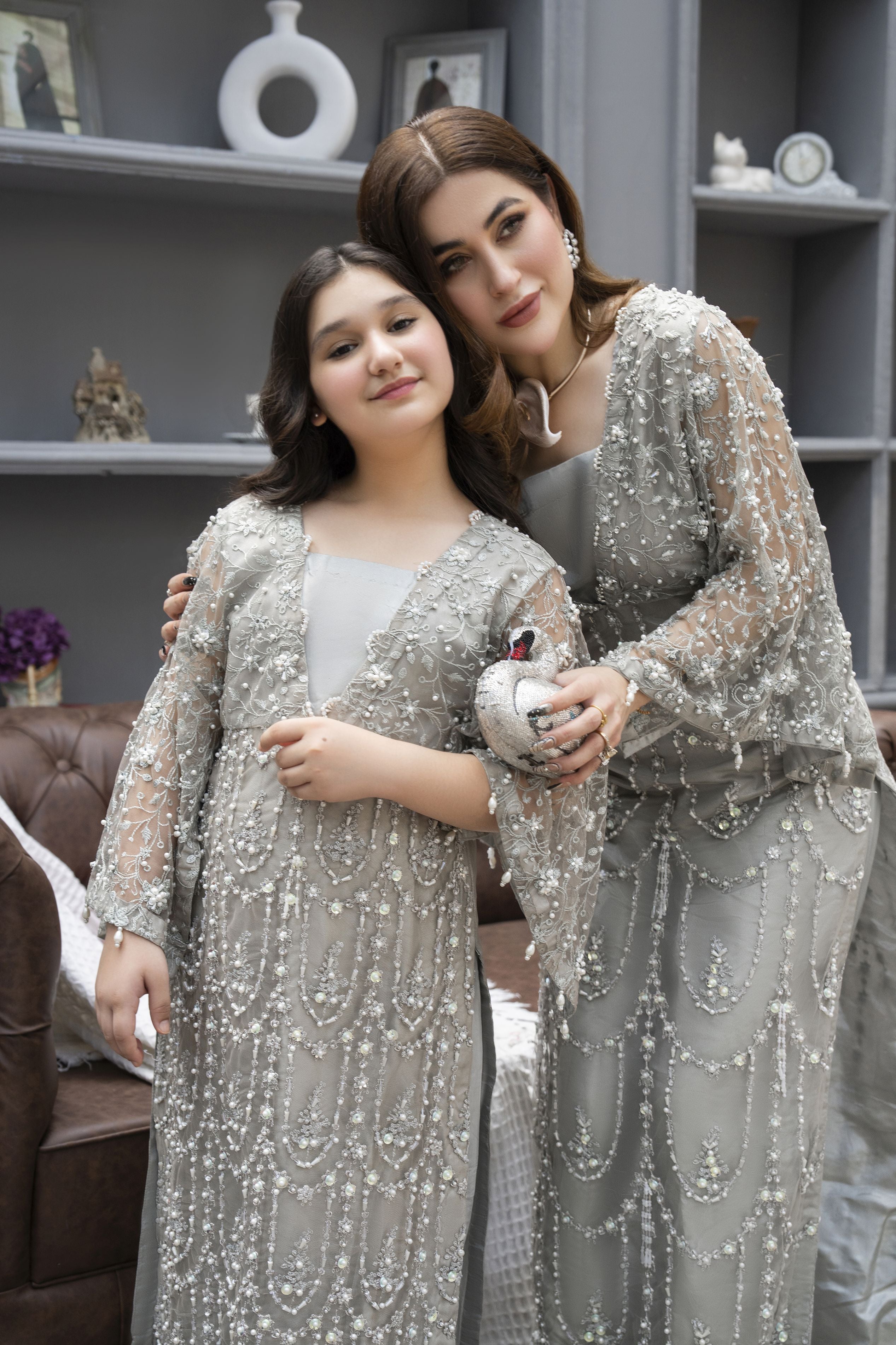 Starstruck by Ain – Silver Net Embroidered 2pc Dress with Shimmer Inner SBA7