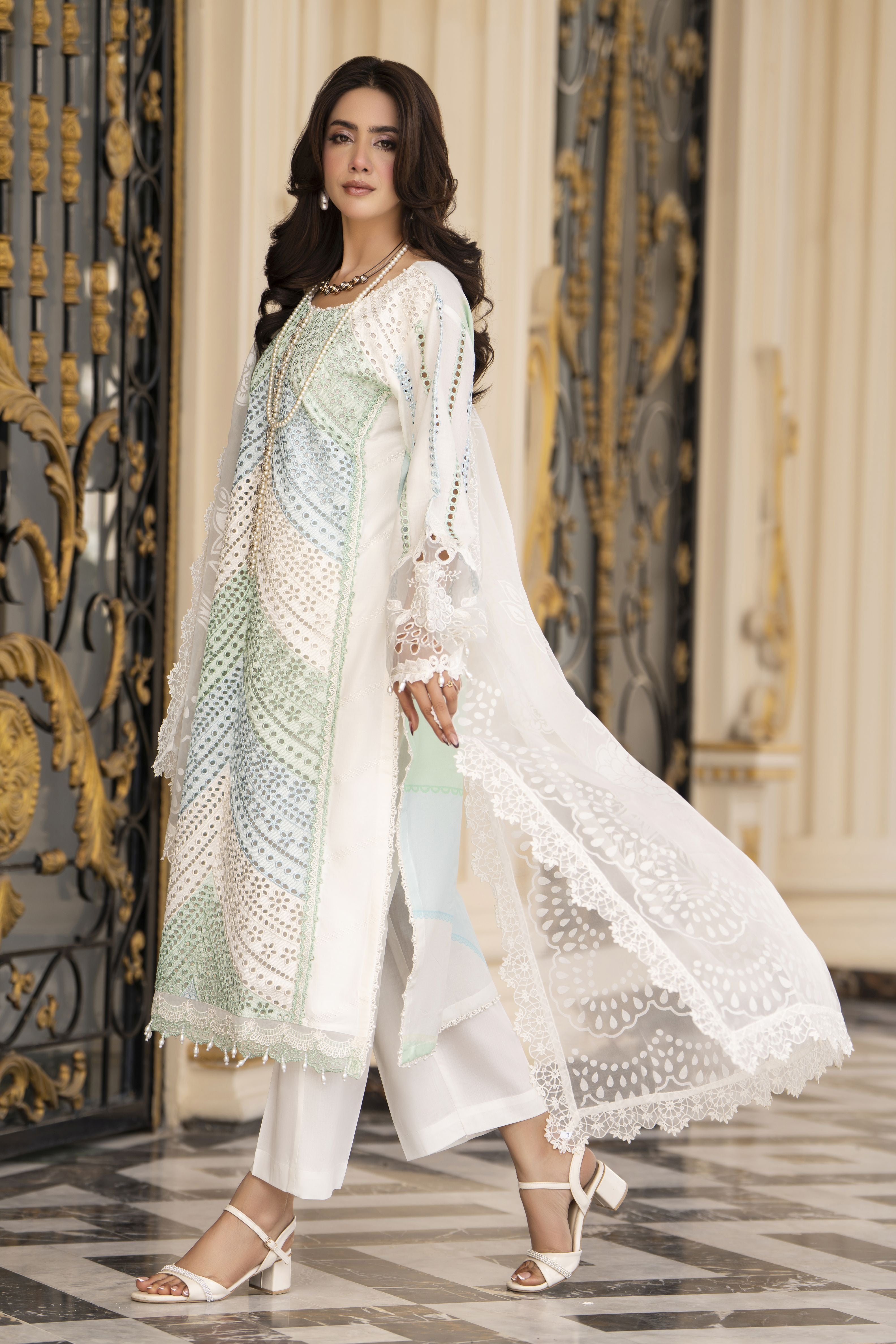 Arwah Aureen AA4 3pc White Embroidered Cotton Suit with Organza Dupatta