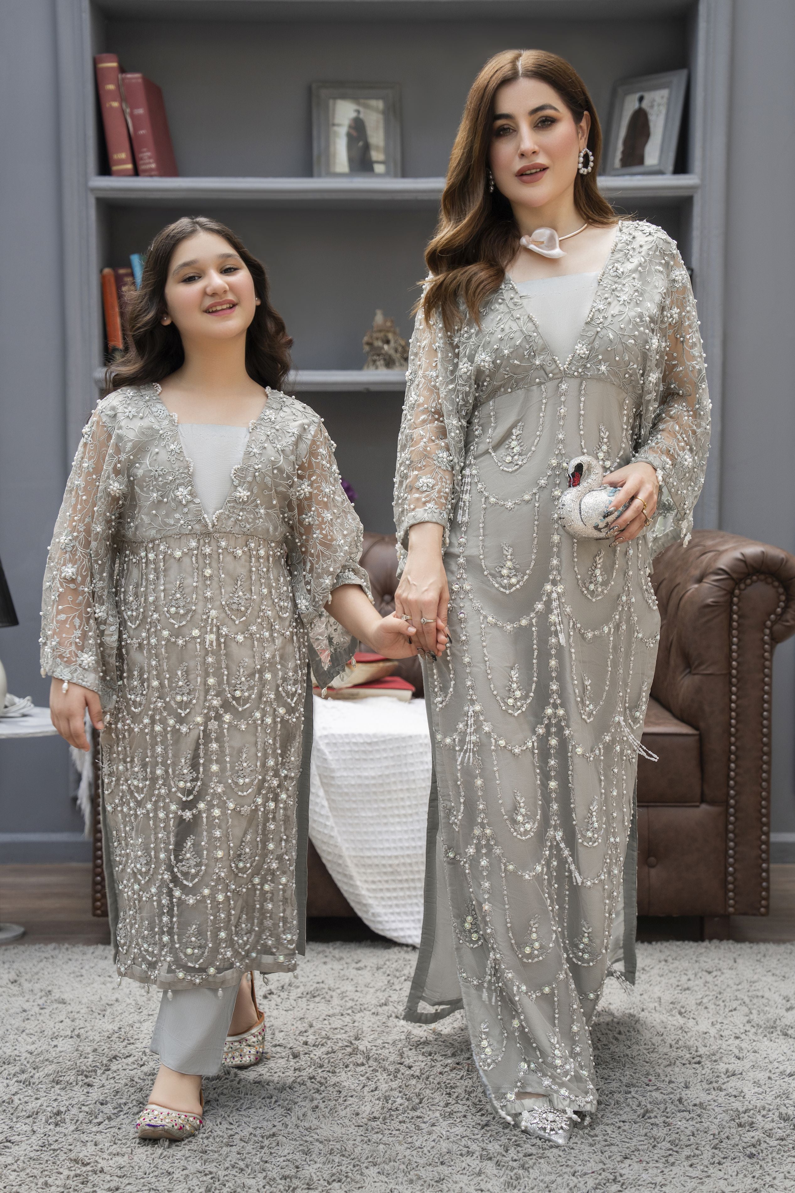 Starstruck by Ain – Silver Net Embroidered 2pc Dress with Shimmer Inner SBA7