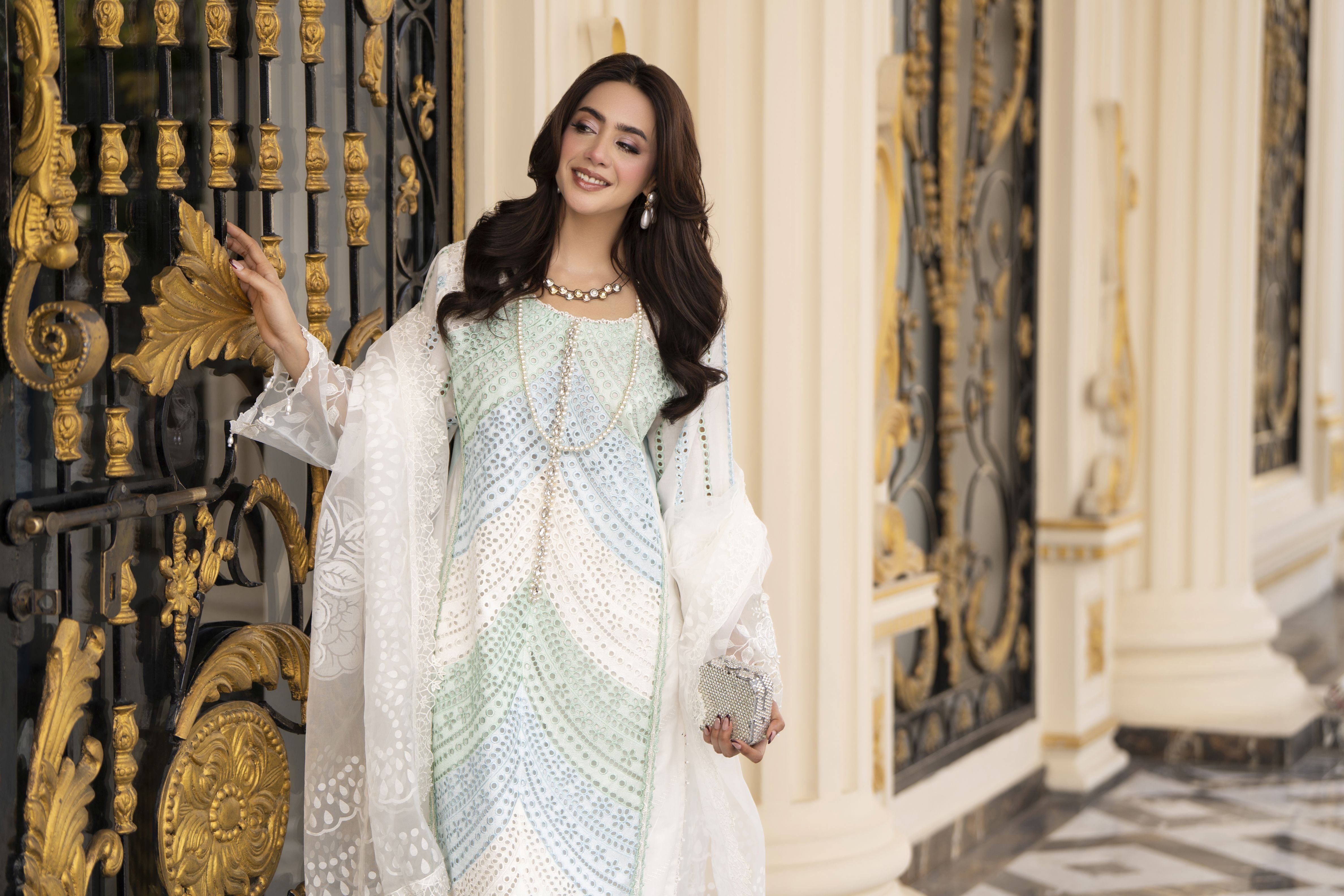 Arwah Aureen AA4 3pc White Embroidered Cotton Suit with Organza Dupatta