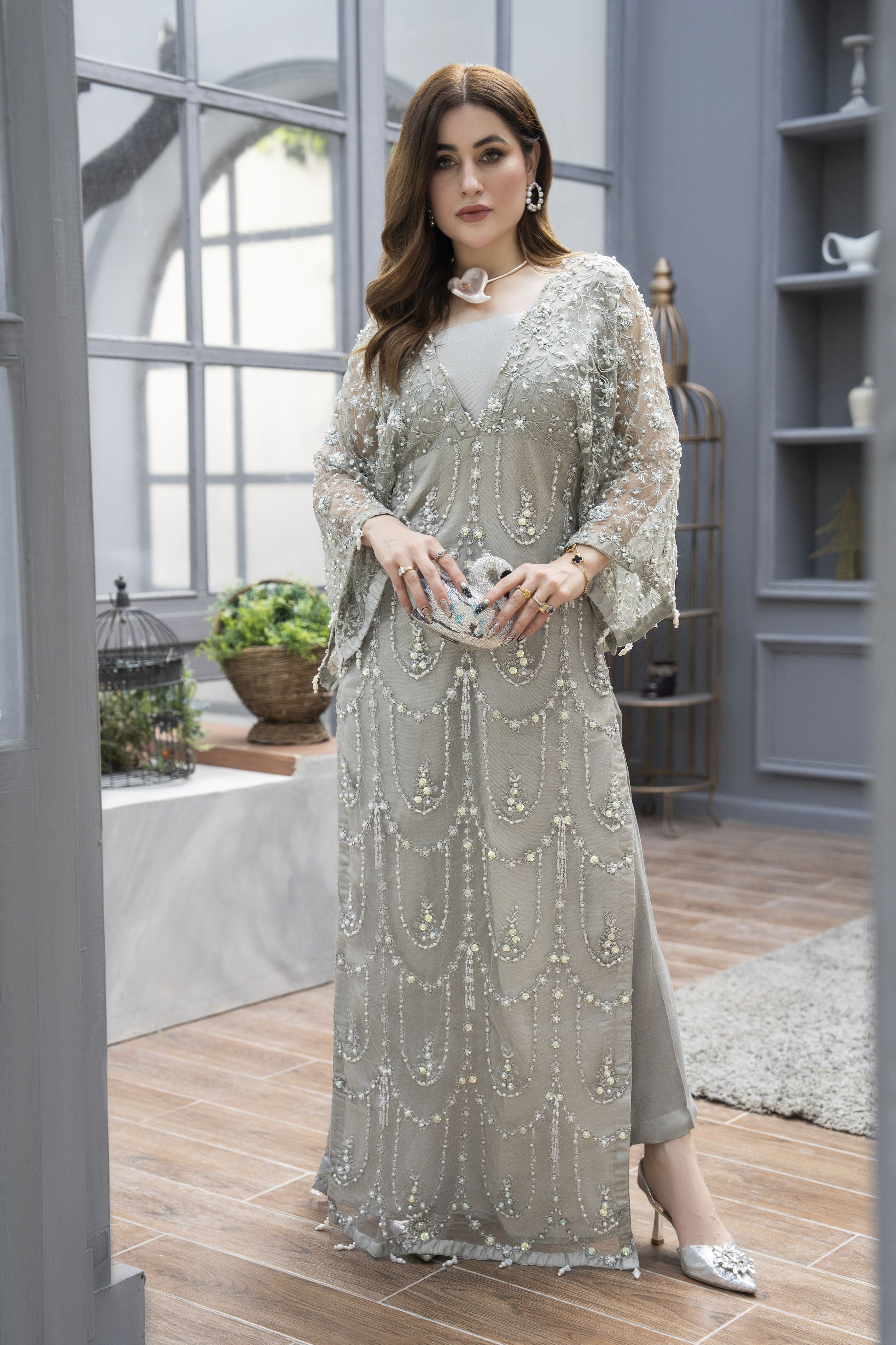 Starstruck by Ain – Silver Net Embroidered 2pc Dress with Shimmer Inner SBA7