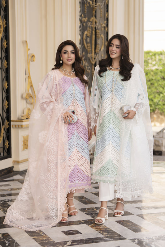 Arwah Aureen AA4 3pc White Embroidered Cotton Suit with Organza Dupatta