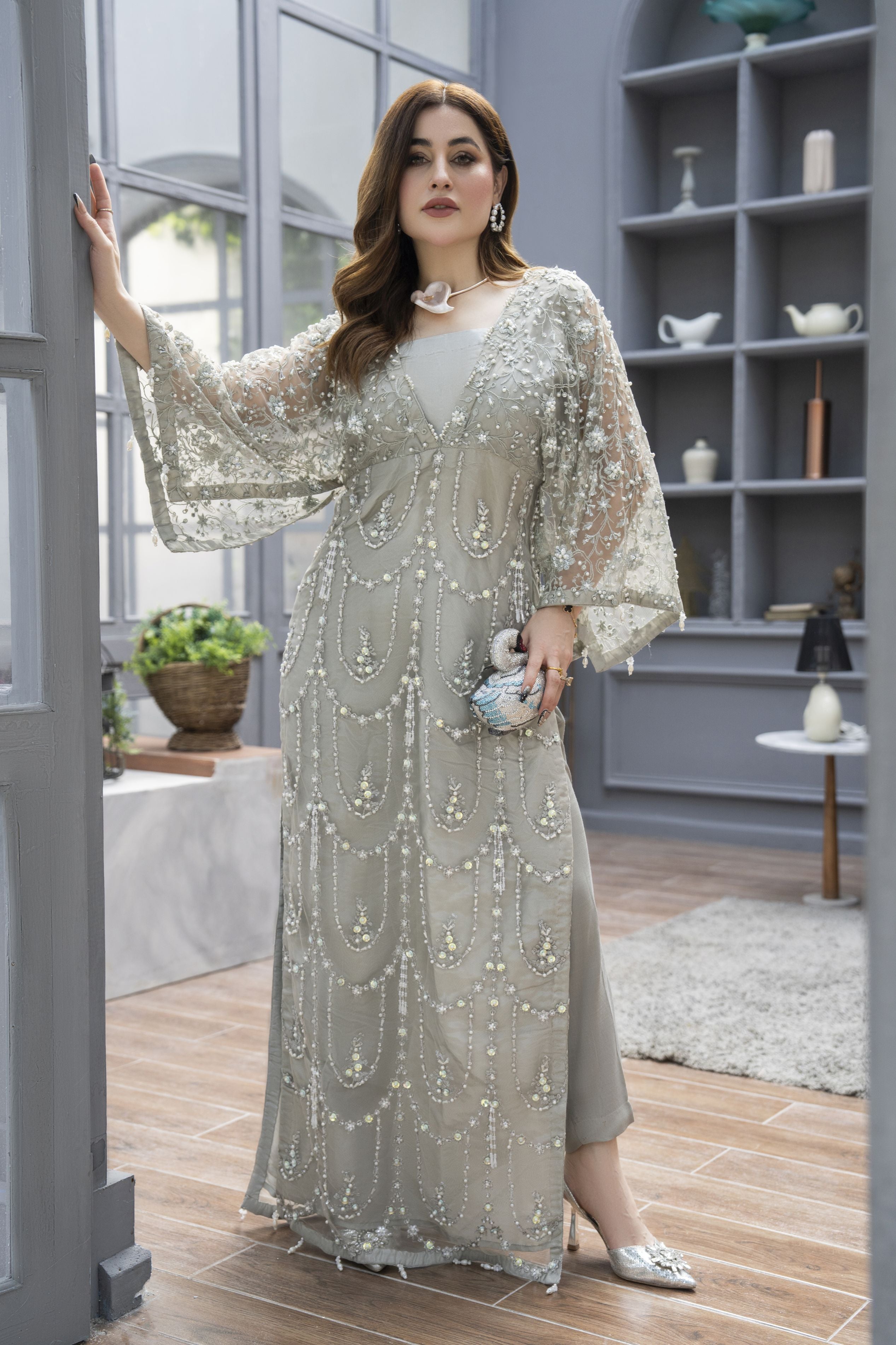 Starstruck by Ain – Silver Net Embroidered 2pc Dress with Shimmer Inner SBA7