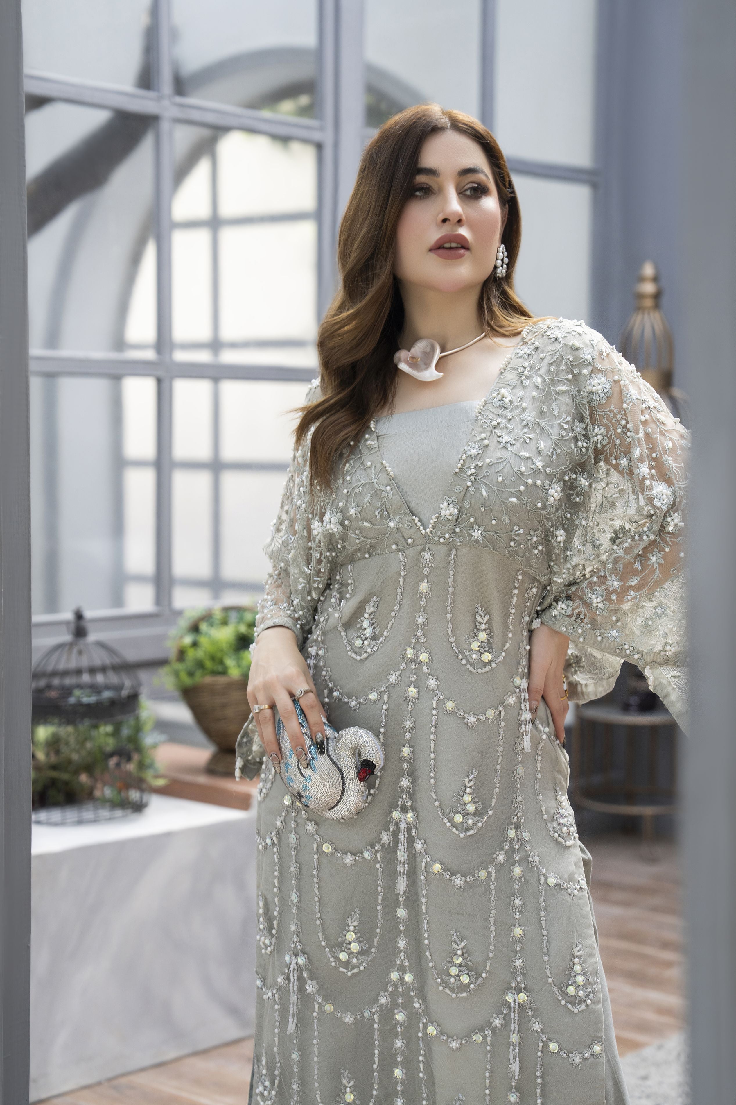 Starstruck by Ain – Silver Net Embroidered 2pc Dress with Shimmer Inner SBA7