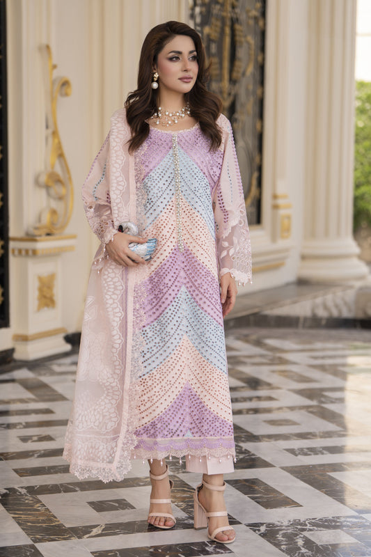 Arwah Aureen AA3 3pc Pink Boring Embroidered Cotton Suit with Organza Dupatta