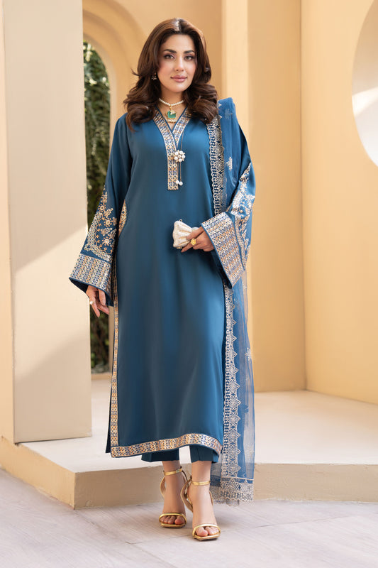 ZZ6 Zimal Zephira Teal Embroidered 3pc Viscose Designer Suit