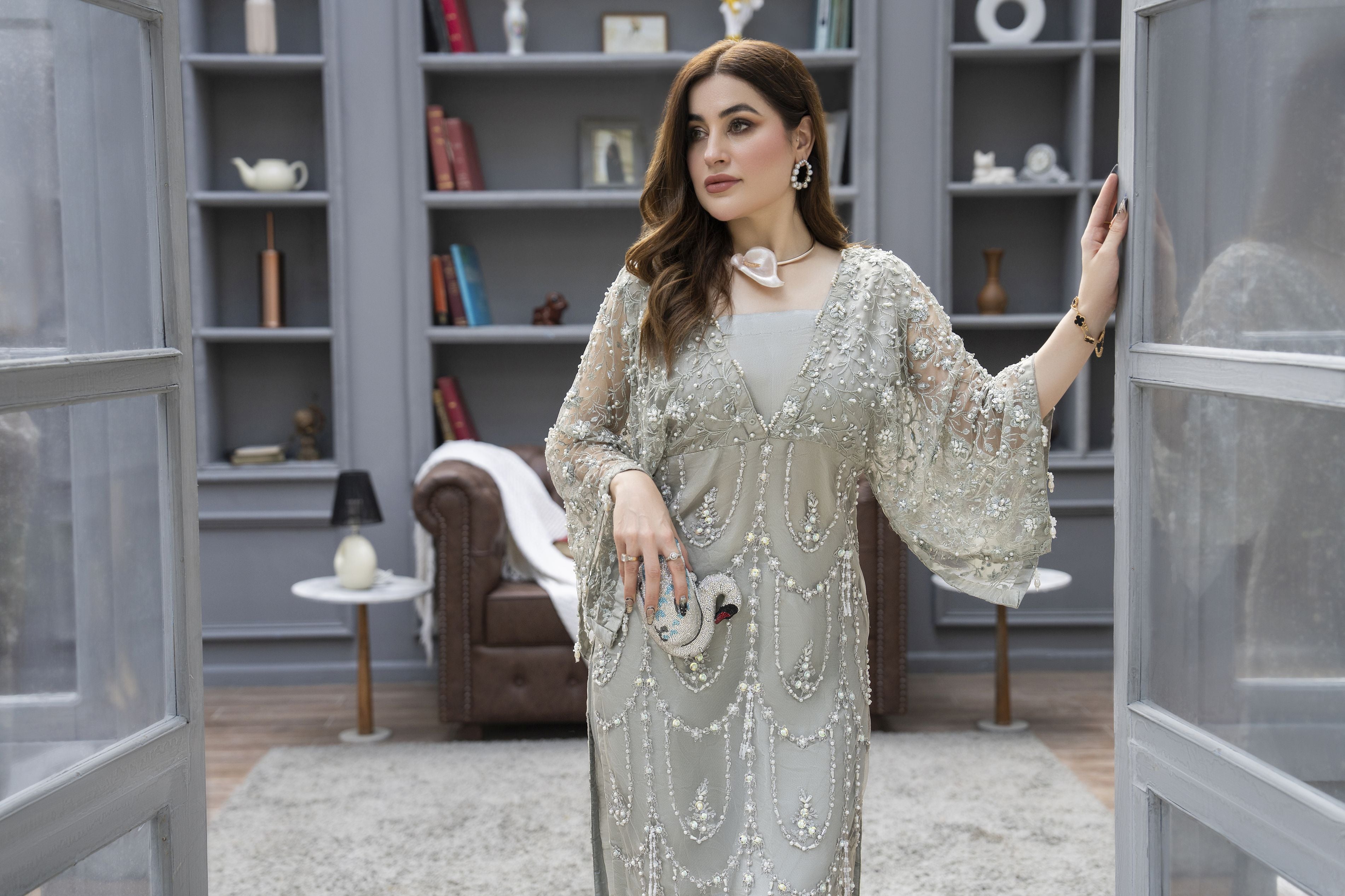 Starstruck by Ain – Silver Net Embroidered 2pc Dress with Shimmer Inner SBA7