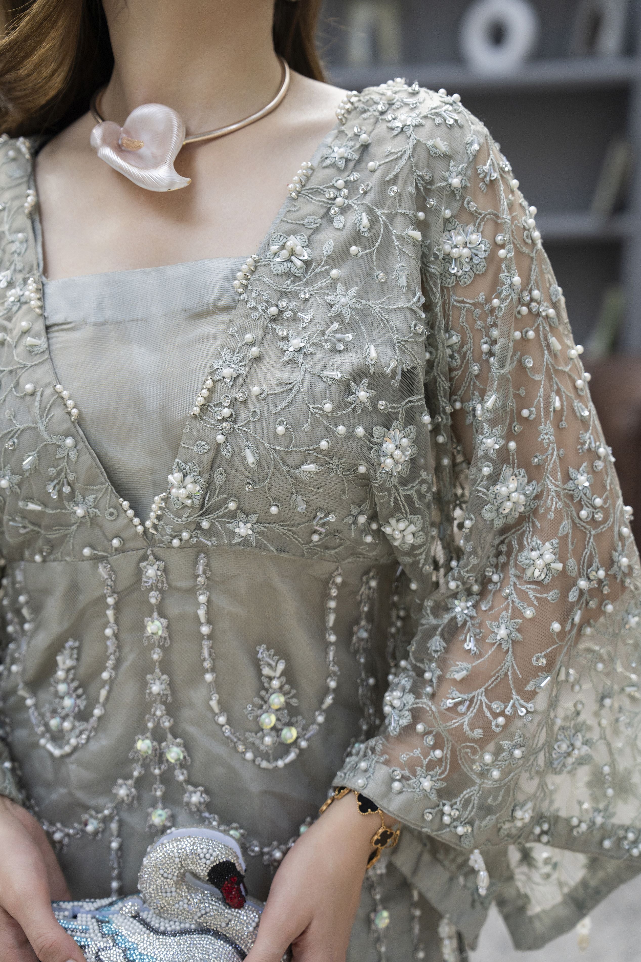 Starstruck by Ain – Silver Net Embroidered 2pc Dress with Shimmer Inner SBA7