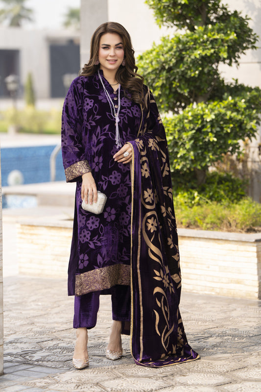 French Velvet Long Shirt 3pc Suit With Palachi Shawl – Gul Warun FNG6