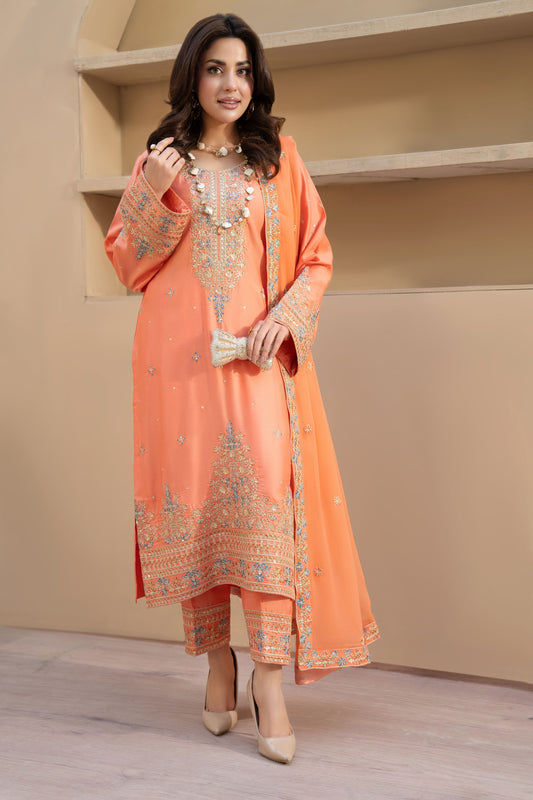 ZZ9 Zimal Zephira Coral Embroidered 3pc Viscose Suit