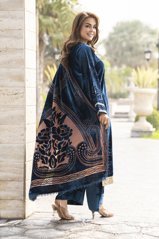 French Velvet 3pc Suit with Jamawar & Lace Detailing – Gul Warun FNG8