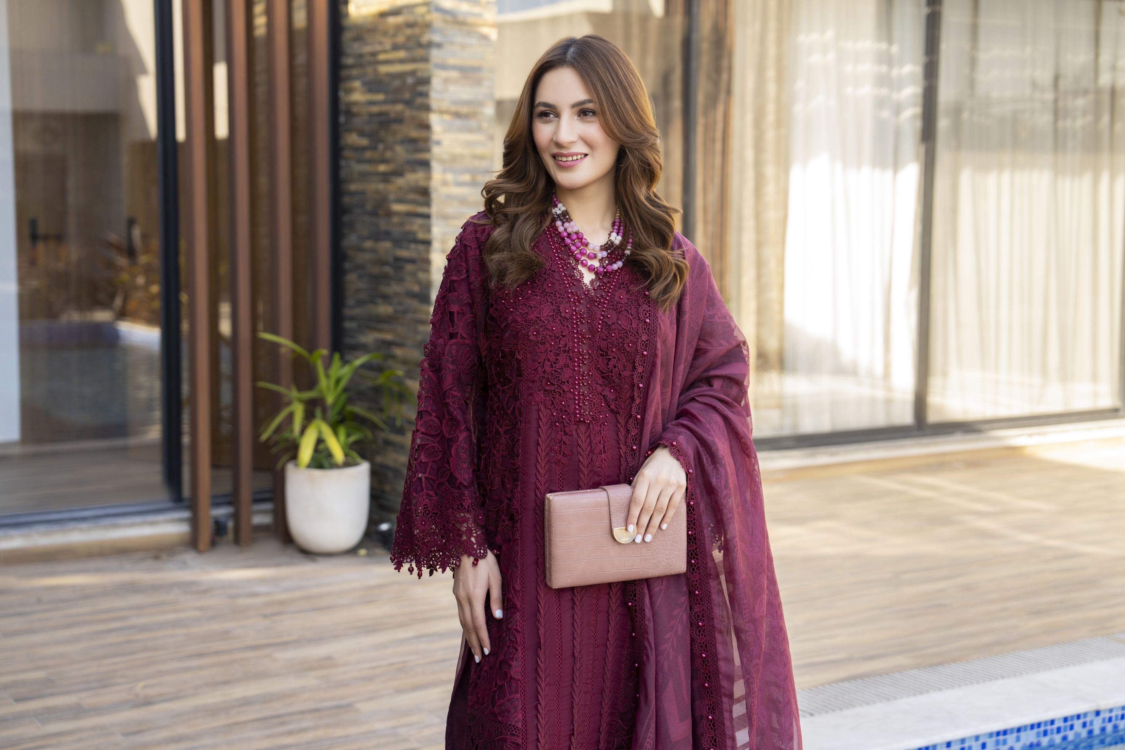 Zaiwaraat by Arwah – Maroon Cutwork Organza Shirt with Monar Dupatta – ZWR08