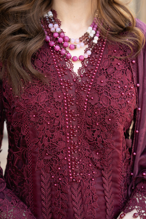 Zaiwaraat by Arwah – Maroon Cutwork Organza Shirt with Monar Dupatta – ZWR08