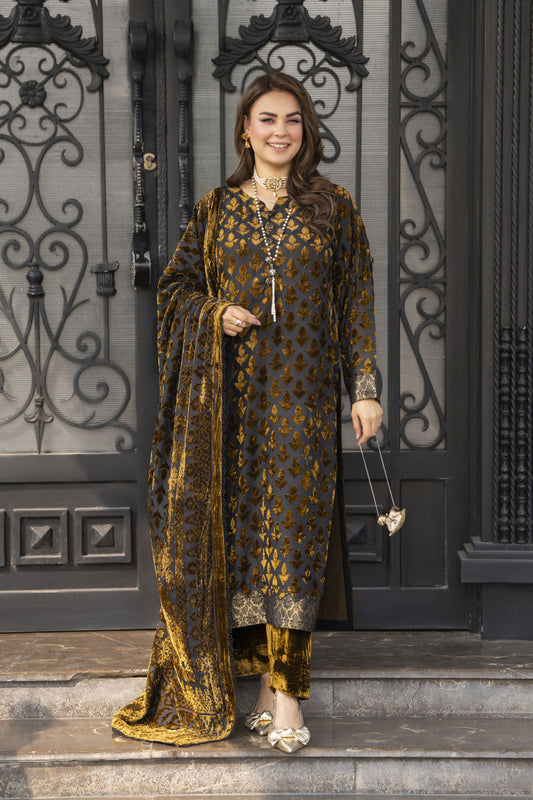 French Velvet 3pc Suit with Palachi Shawl – Gul Warun FNG7