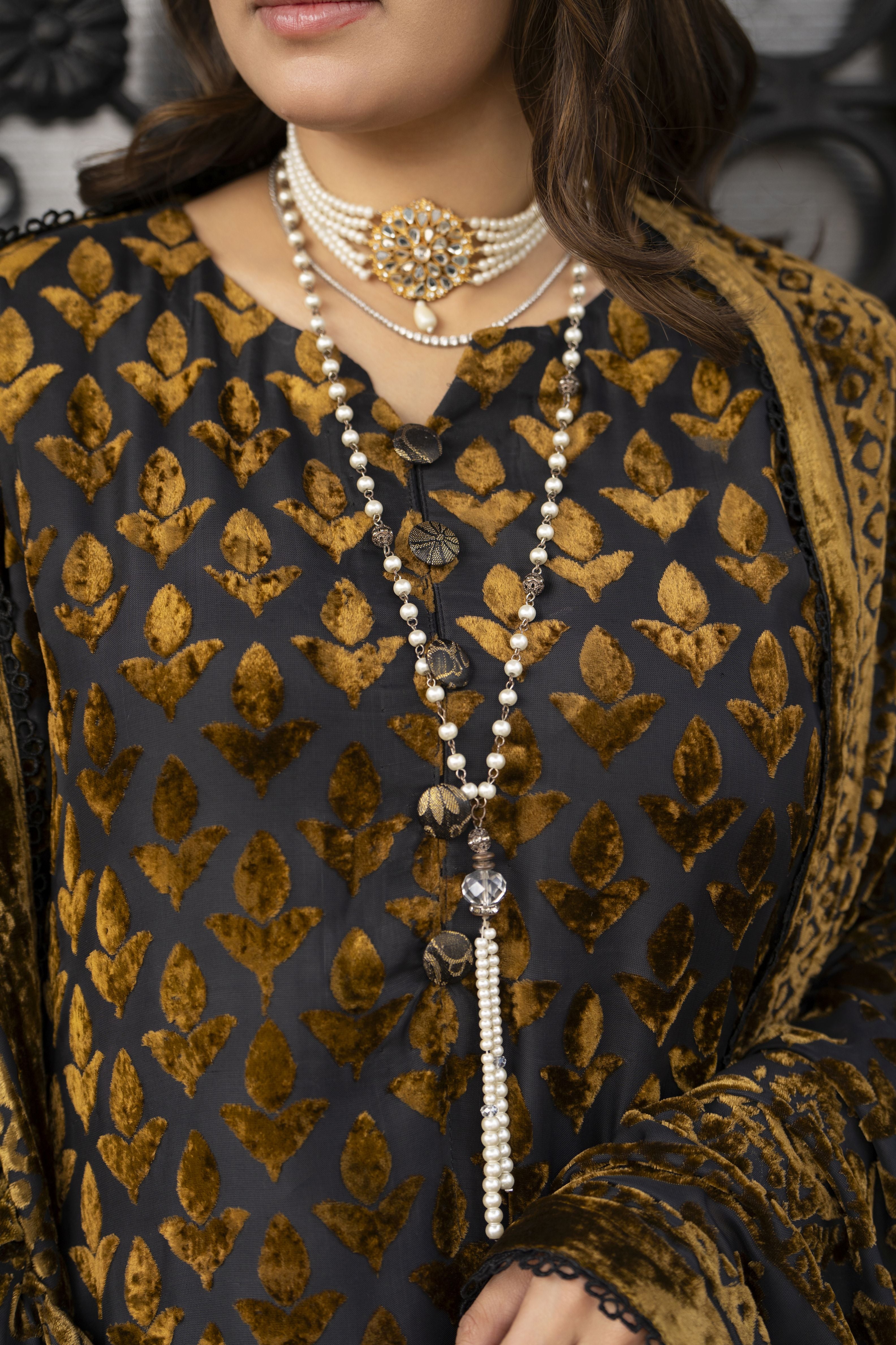 French Velvet 3pc Suit with Palachi Shawl – Gul Warun FNG7