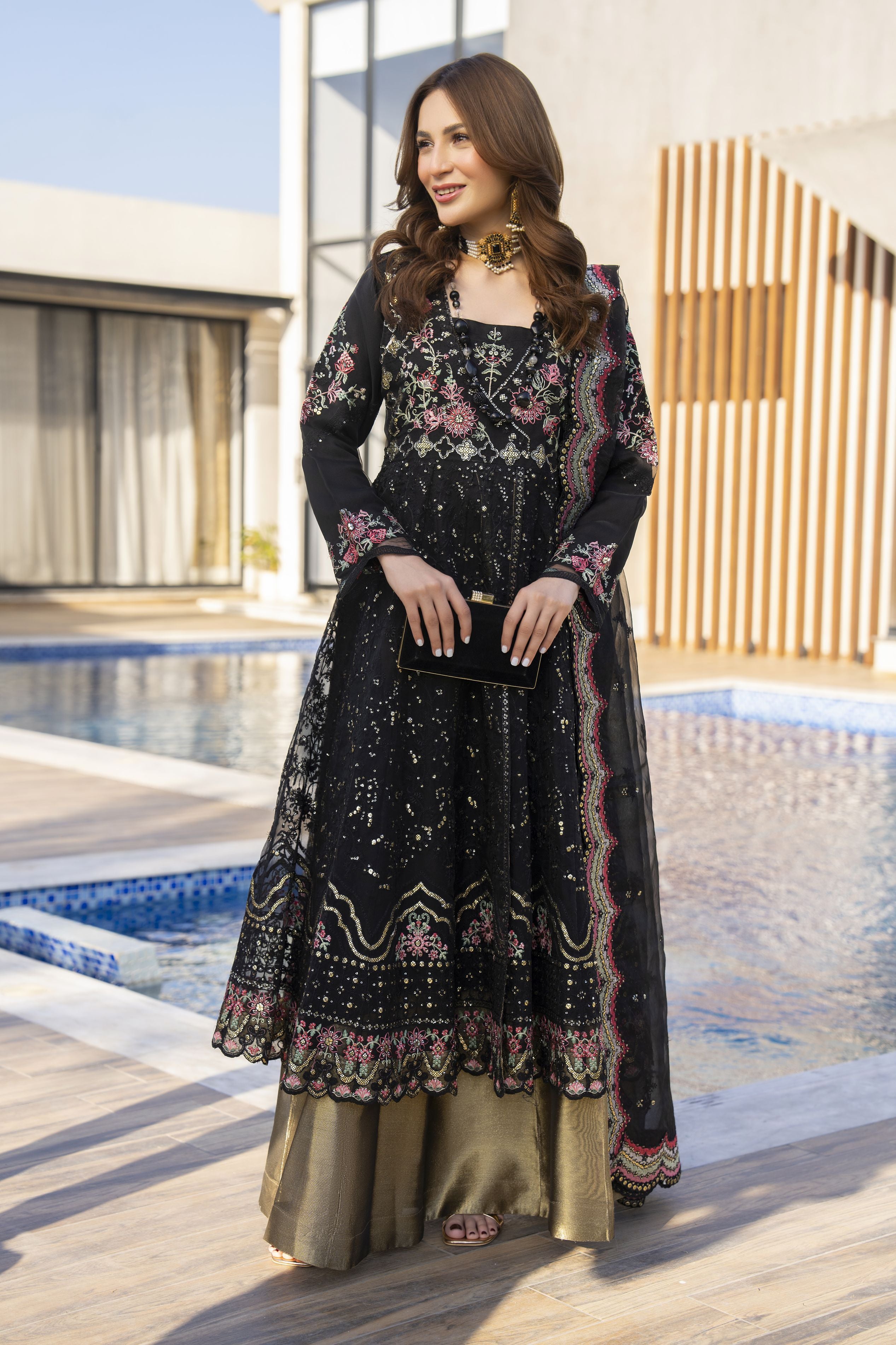 Zaiwaraat by Arwah – Black Embroidered Organza Shirt with Lehenga – ZWR07