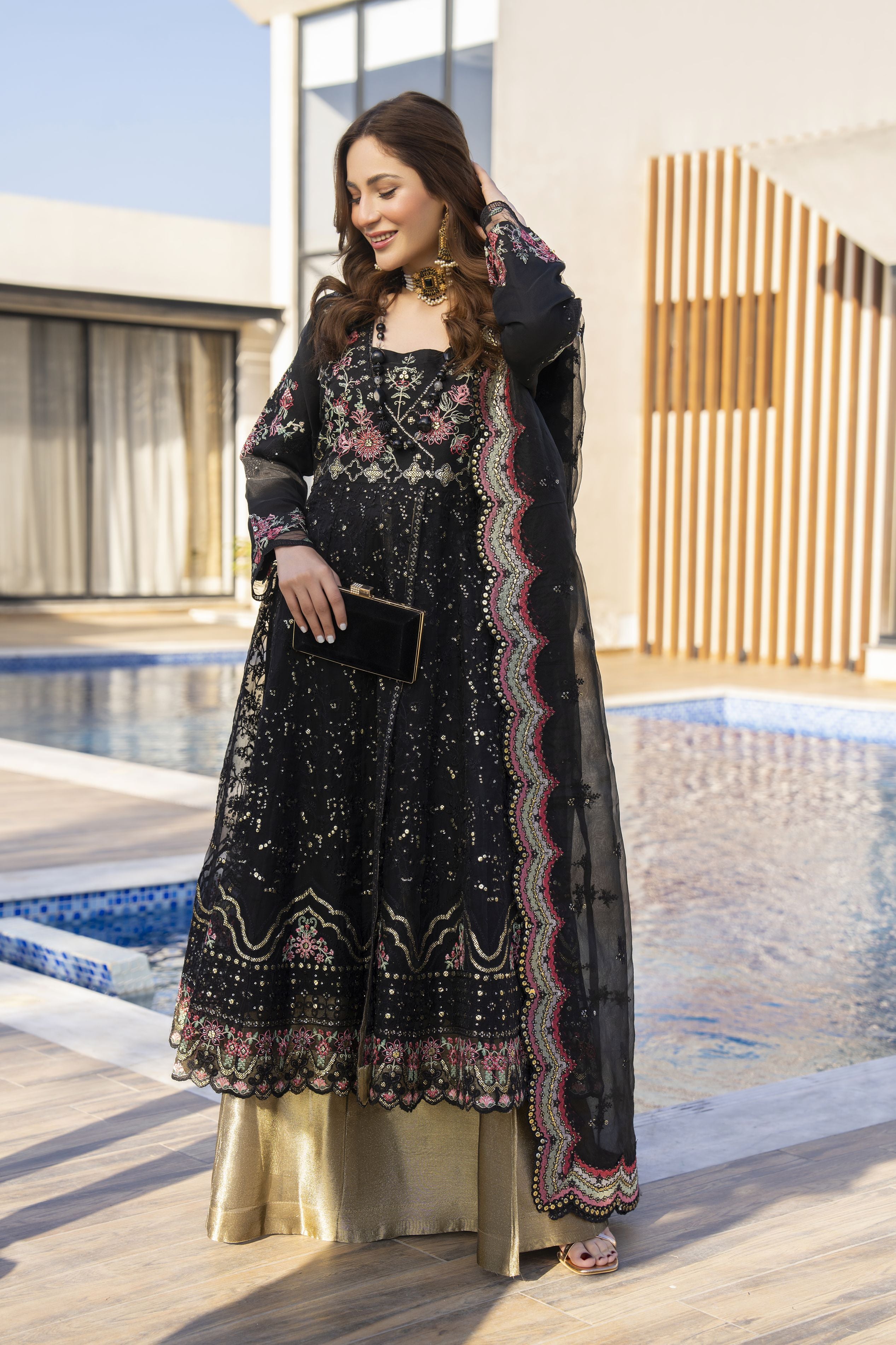 Zaiwaraat by Arwah – Black Embroidered Organza Shirt with Lehenga – ZWR07