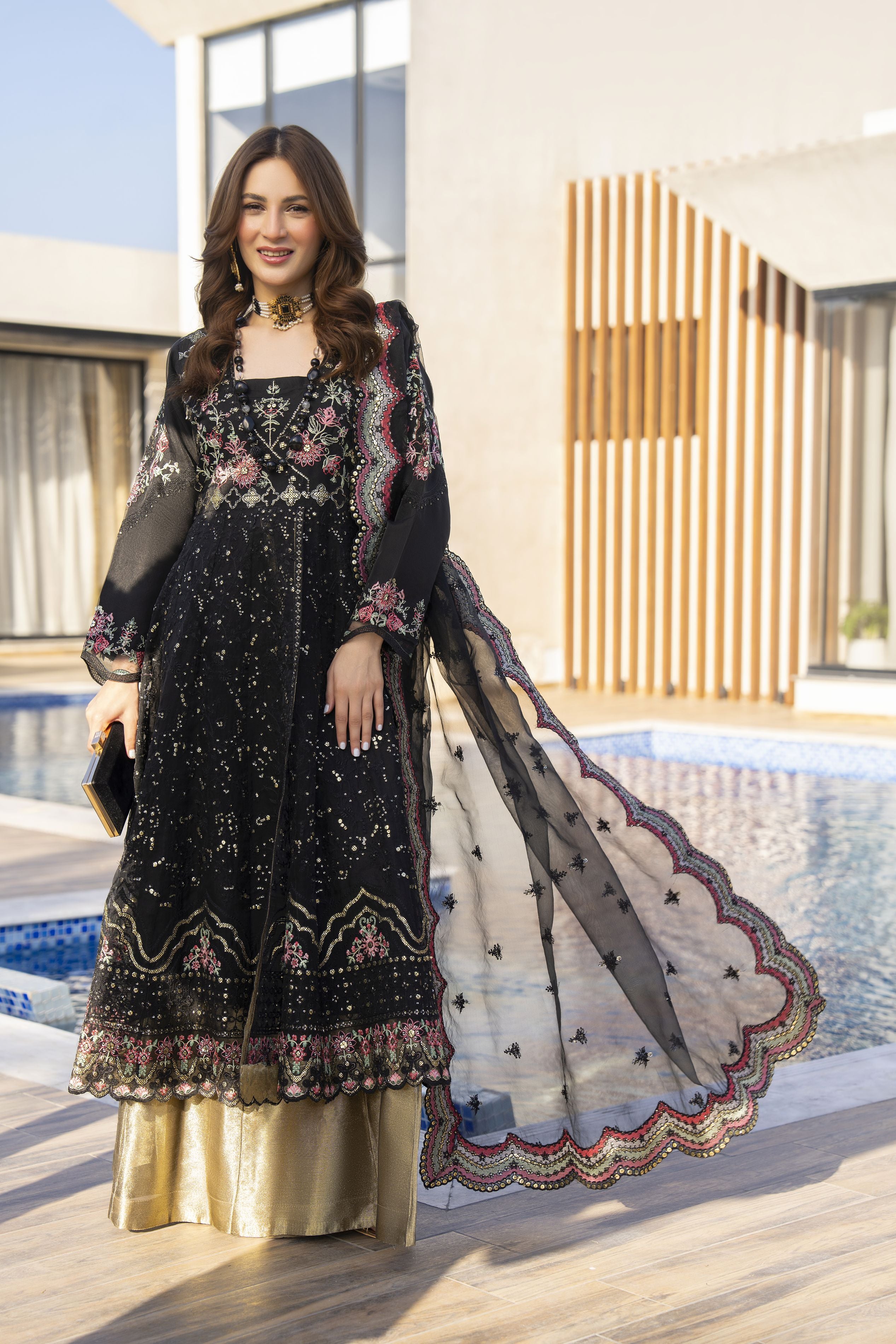 Zaiwaraat by Arwah – Black Embroidered Organza Shirt with Lehenga – ZWR07