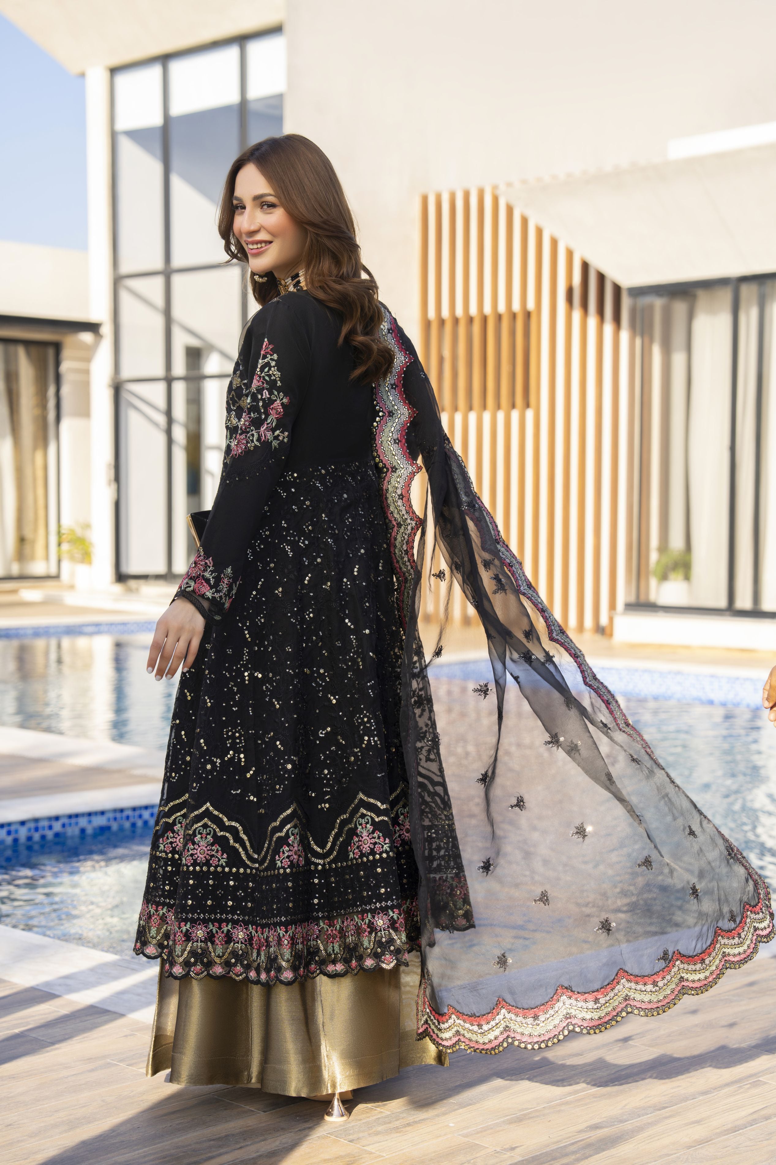 Zaiwaraat by Arwah – Black Embroidered Organza Shirt with Lehenga – ZWR07