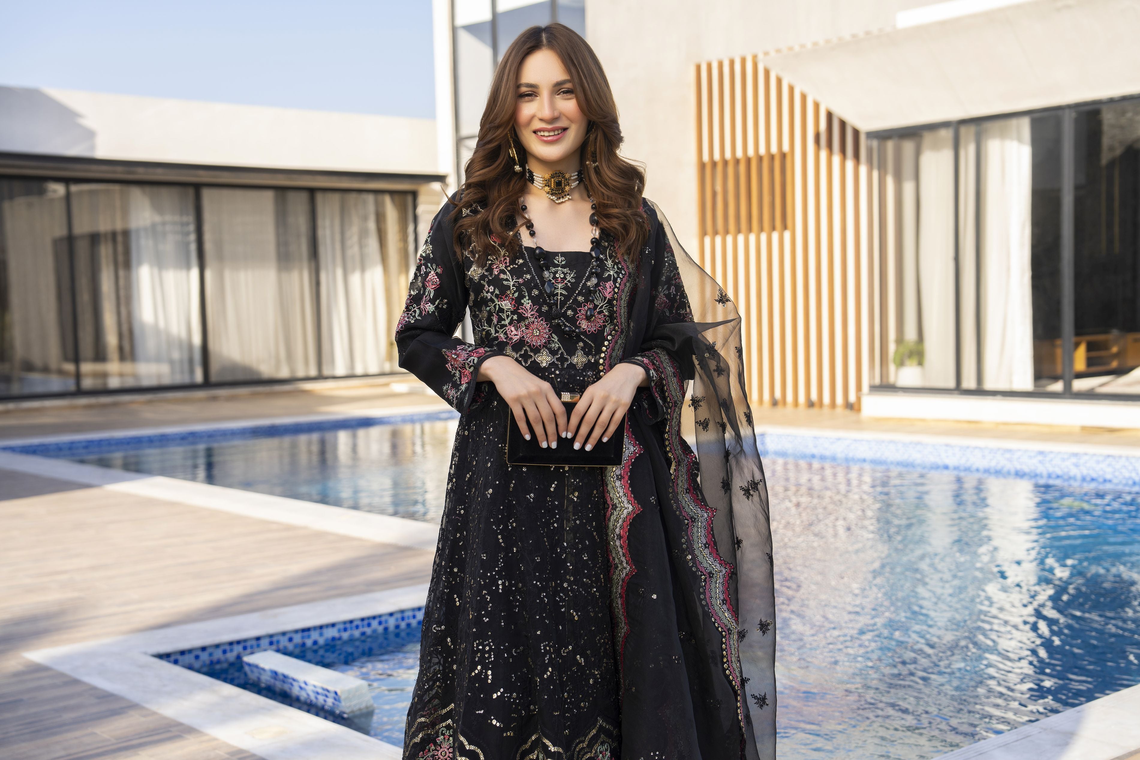 Zaiwaraat by Arwah – Black Embroidered Organza Shirt with Lehenga – ZWR07