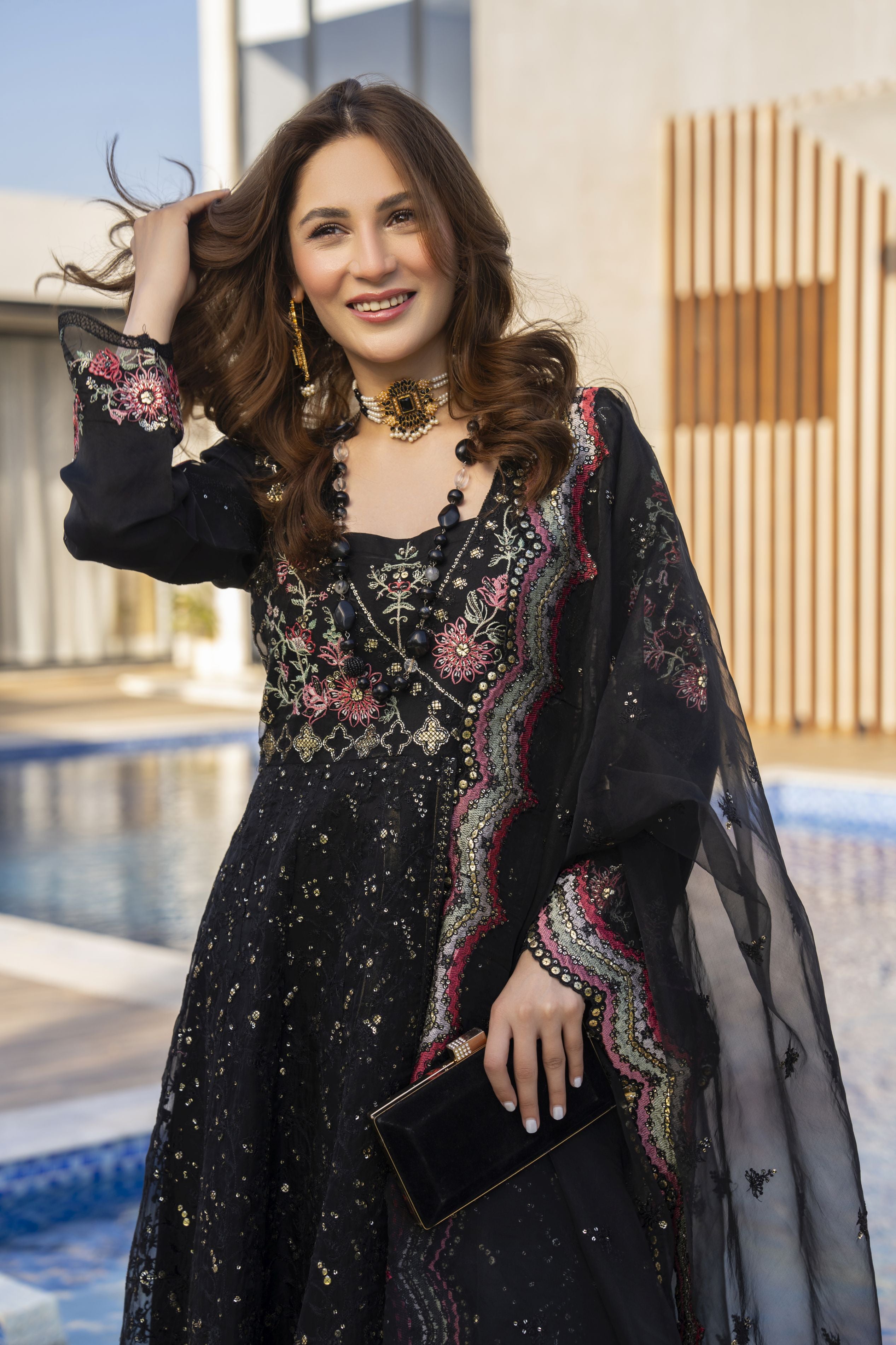 Zaiwaraat by Arwah – Black Embroidered Organza Shirt with Lehenga – ZWR07