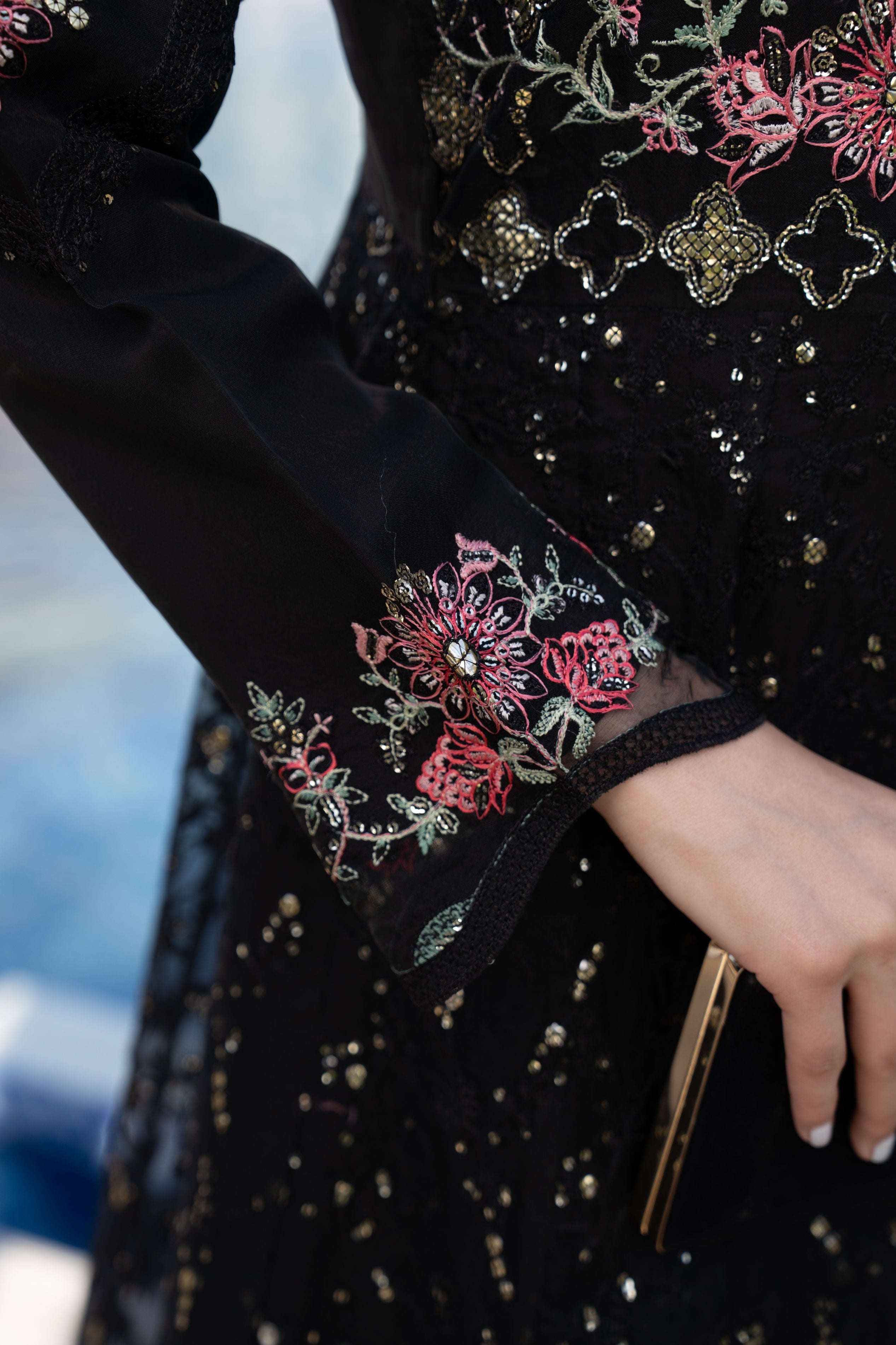 Zaiwaraat by Arwah – Black Embroidered Organza Shirt with Lehenga – ZWR07