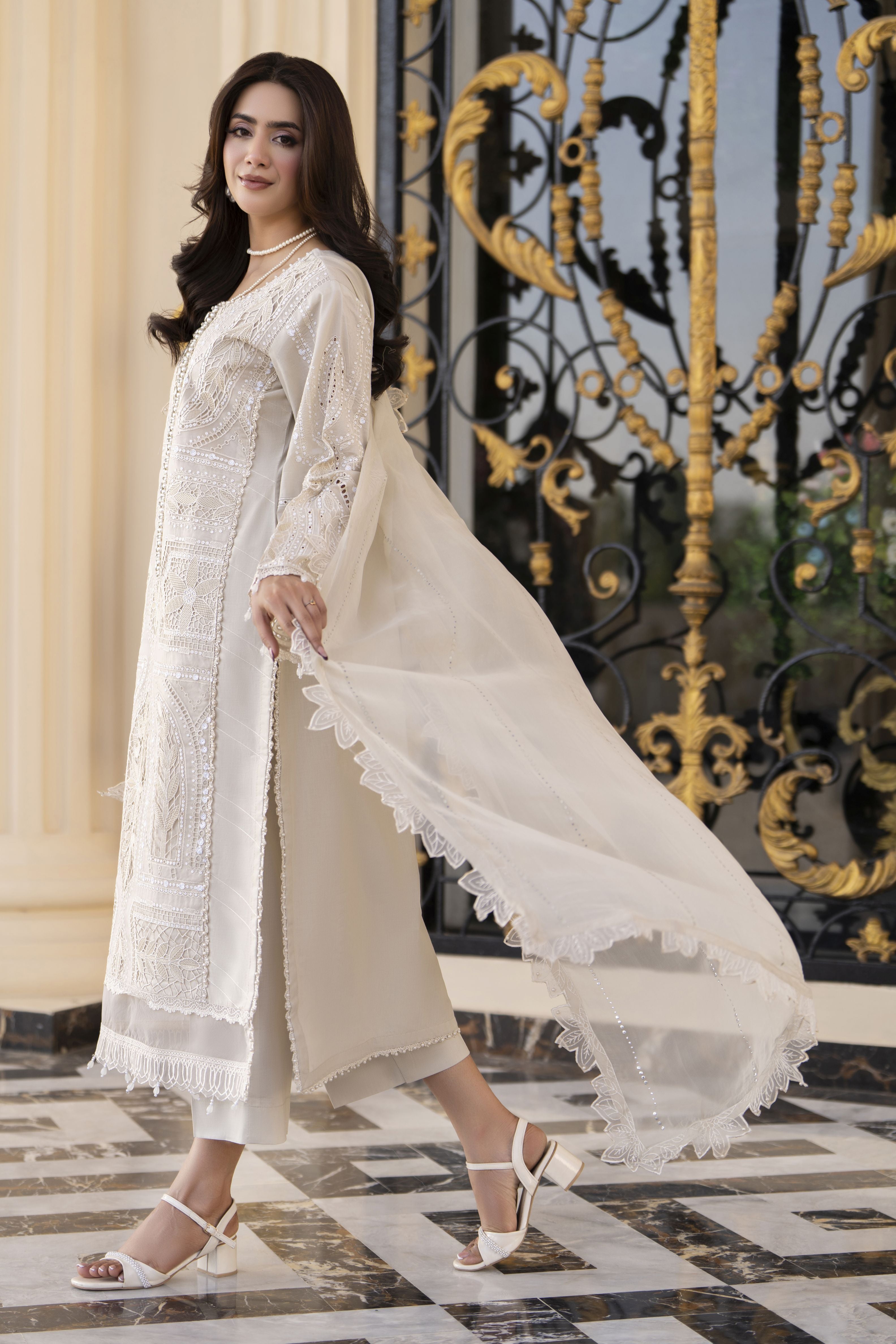 Arwah Aureen AA9 3pc Beige Cutwork Cotton Long Suit with Chiffon Dupatta