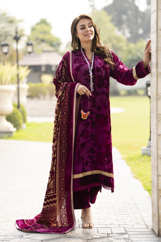 French Velvet Ready to Wear 3pc Suit with Palachi Shawl – Gul Warun FNG3