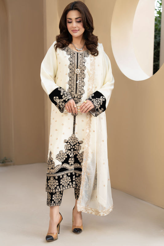 ZZ8 Zimal Zephira Ivory & Black Velvet Embroidered 3pc Suit