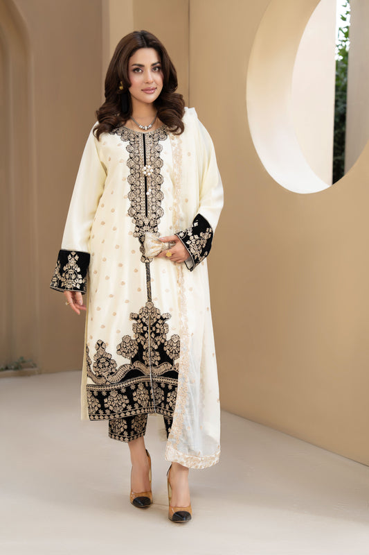 ZZ8 Zimal Zephira Ivory & Black Velvet Embroidered 3pc Suit