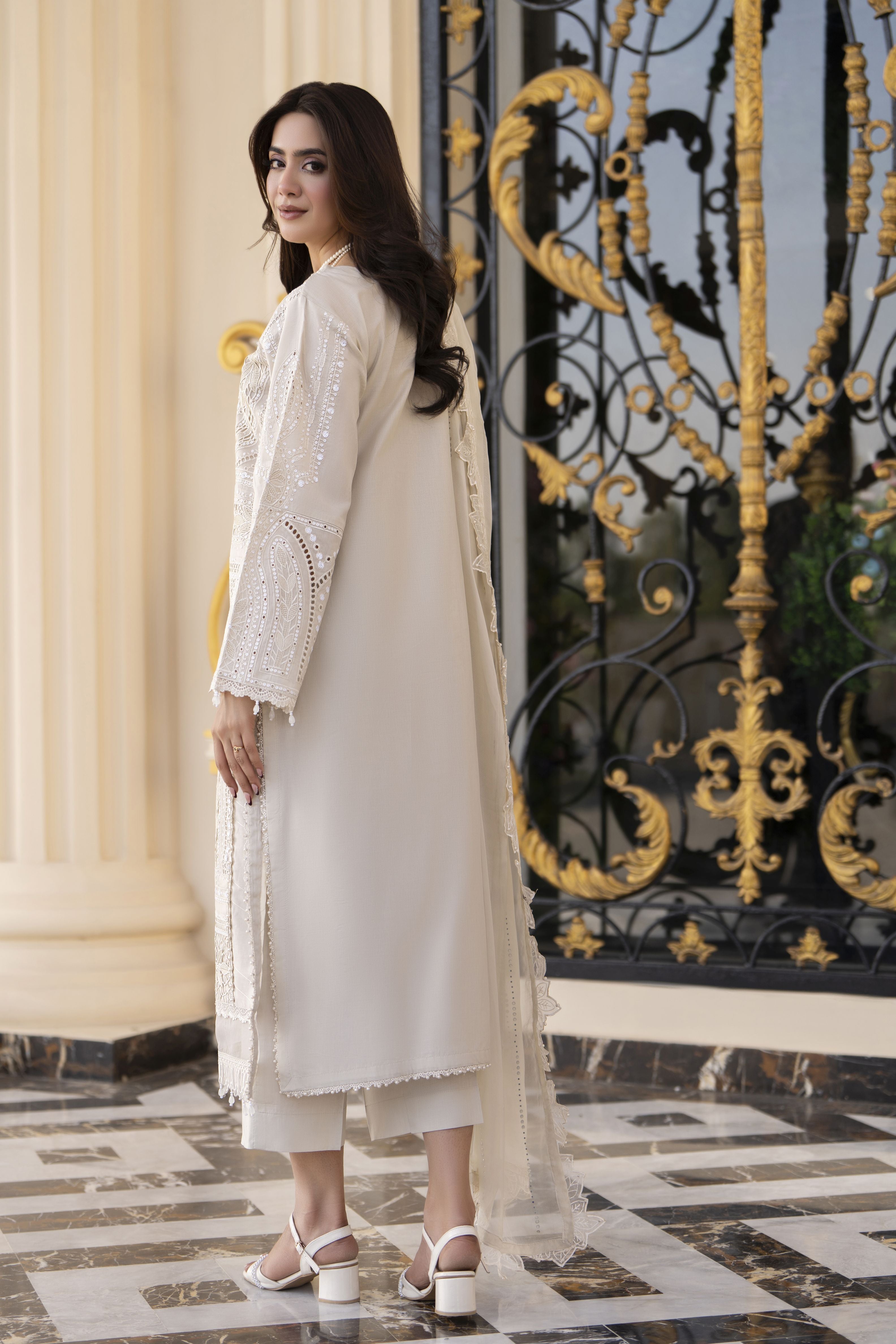 Arwah Aureen AA9 3pc Beige Cutwork Cotton Long Suit with Chiffon Dupatta