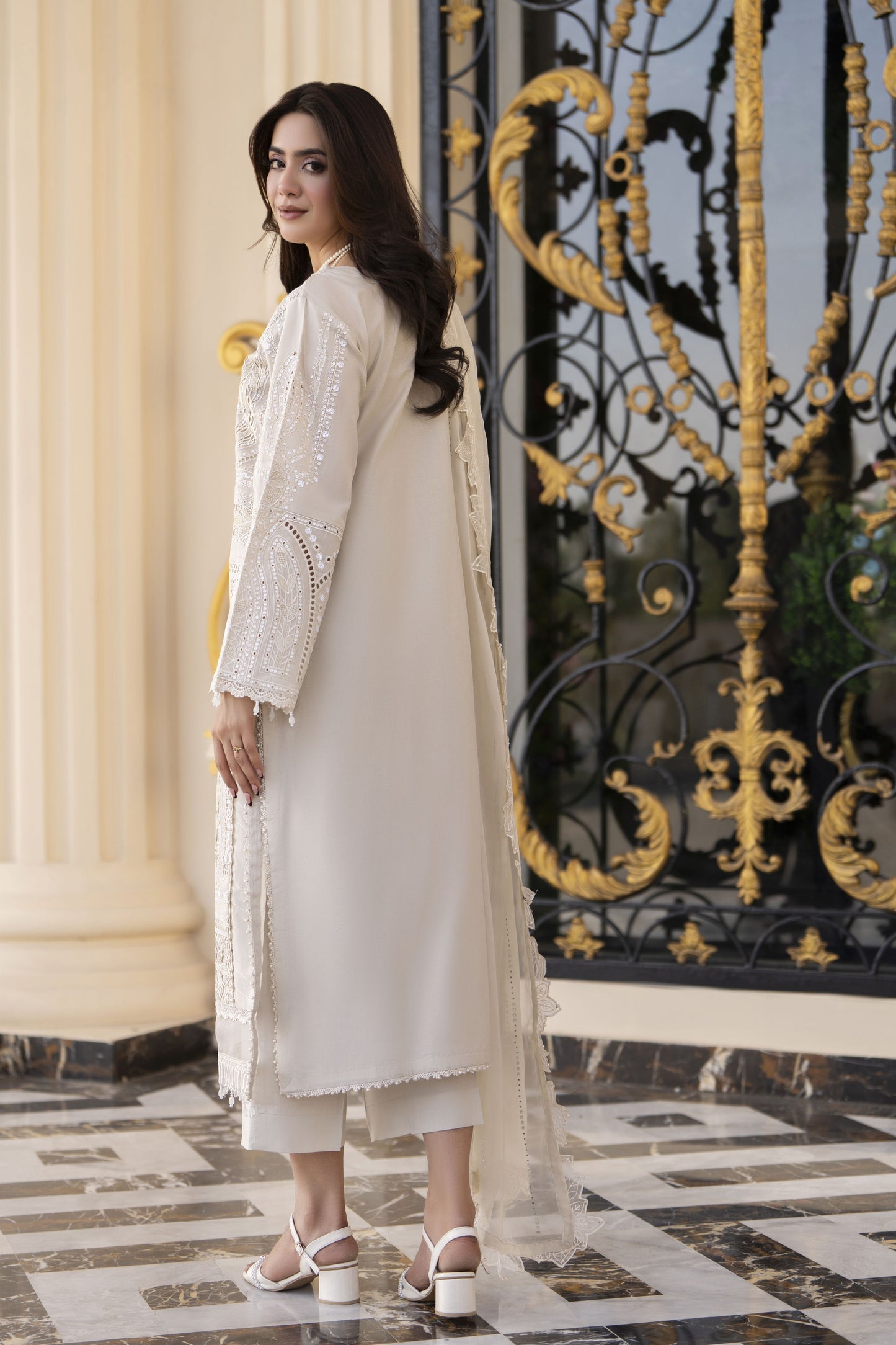 Arwah Aureen AA9 3pc Beige Cutwork Cotton Long Suit with Chiffon Dupatta