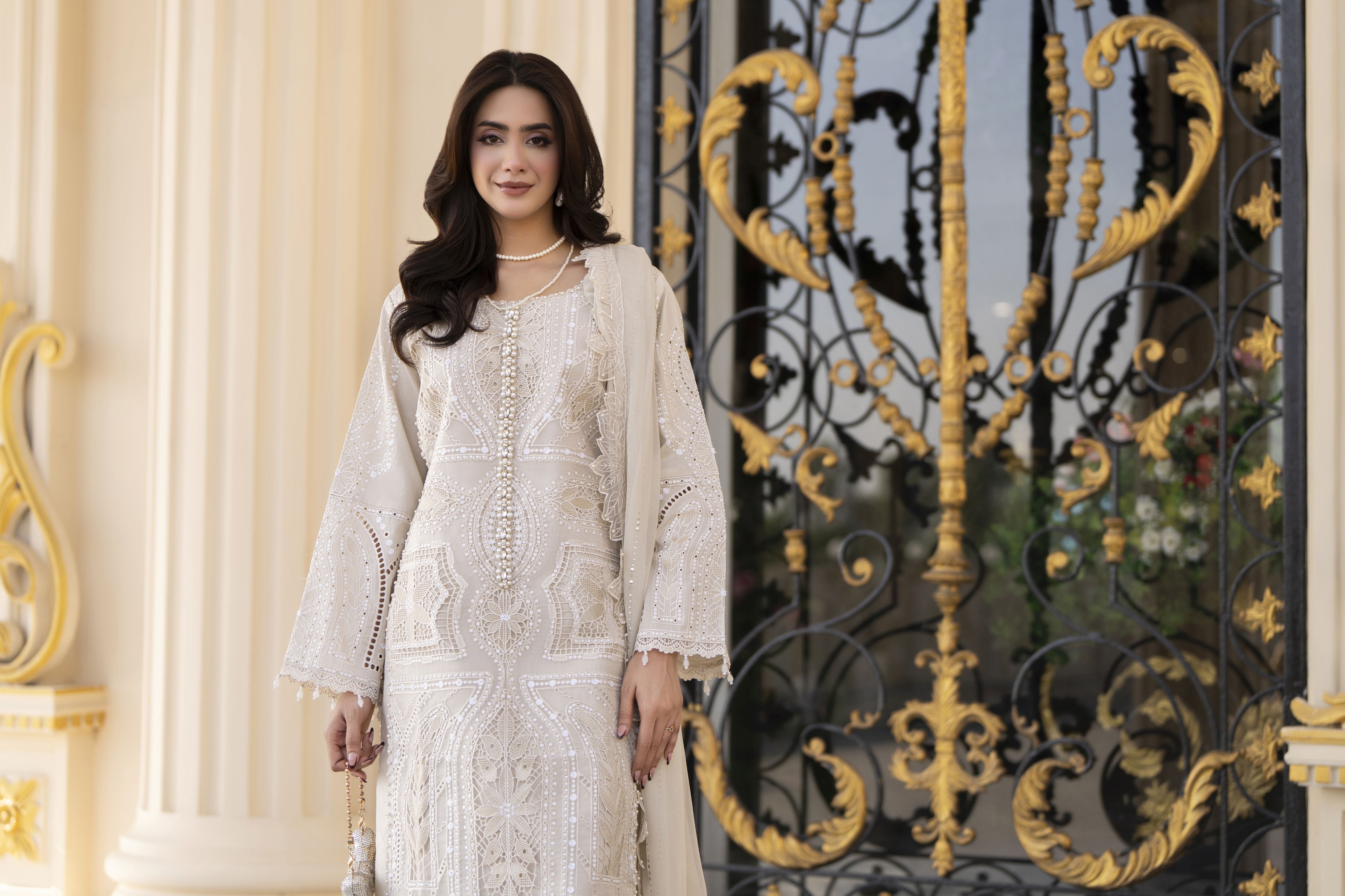 Arwah Aureen AA9 3pc Beige Cutwork Cotton Long Suit with Chiffon Dupatta