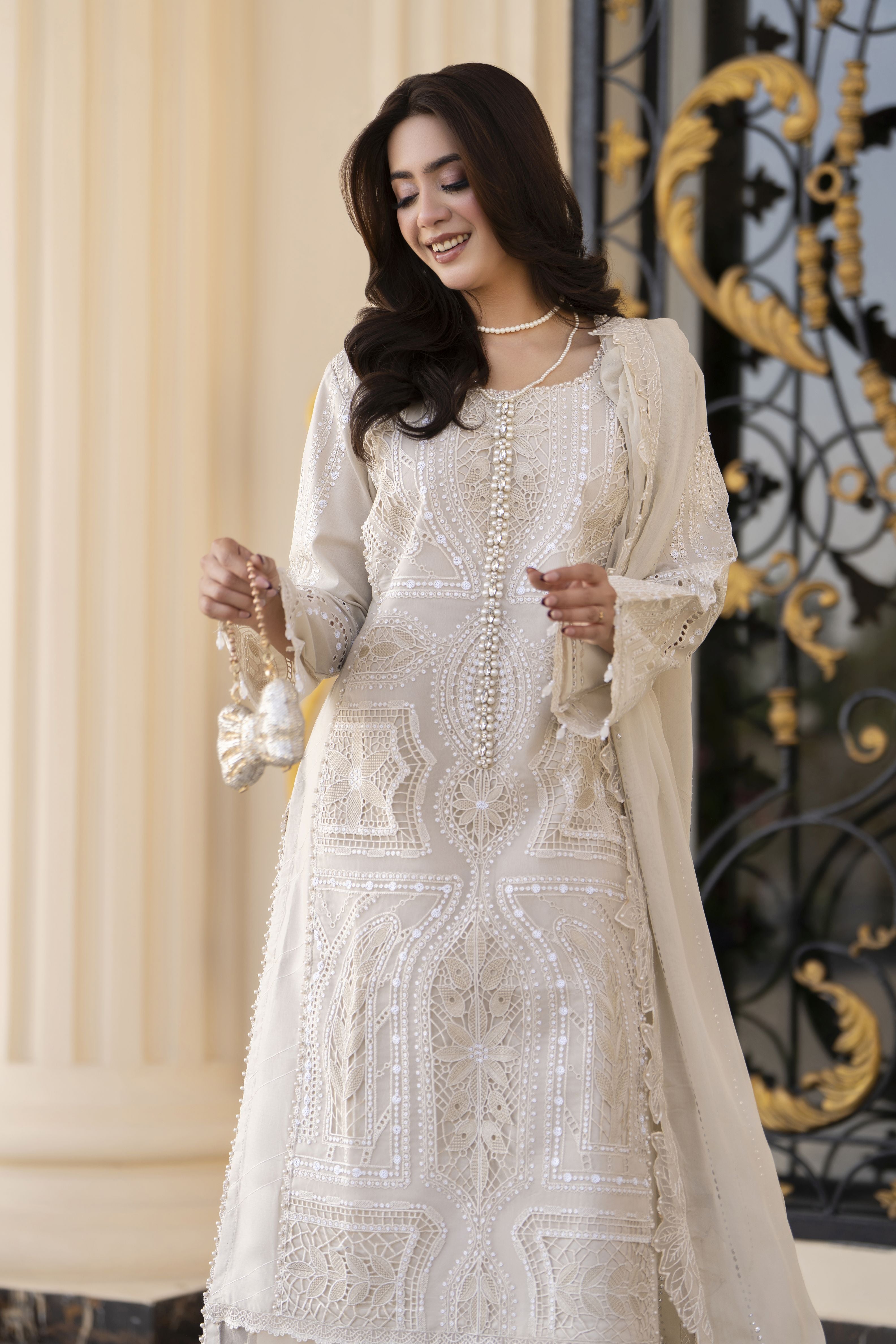 Arwah Aureen AA9 3pc Beige Cutwork Cotton Long Suit with Chiffon Dupatta