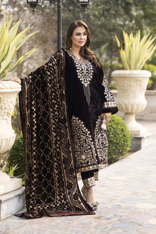 GA12 Gul Warun Velvet Chocolate Borwn 3PC Suit with Palachi Shawl